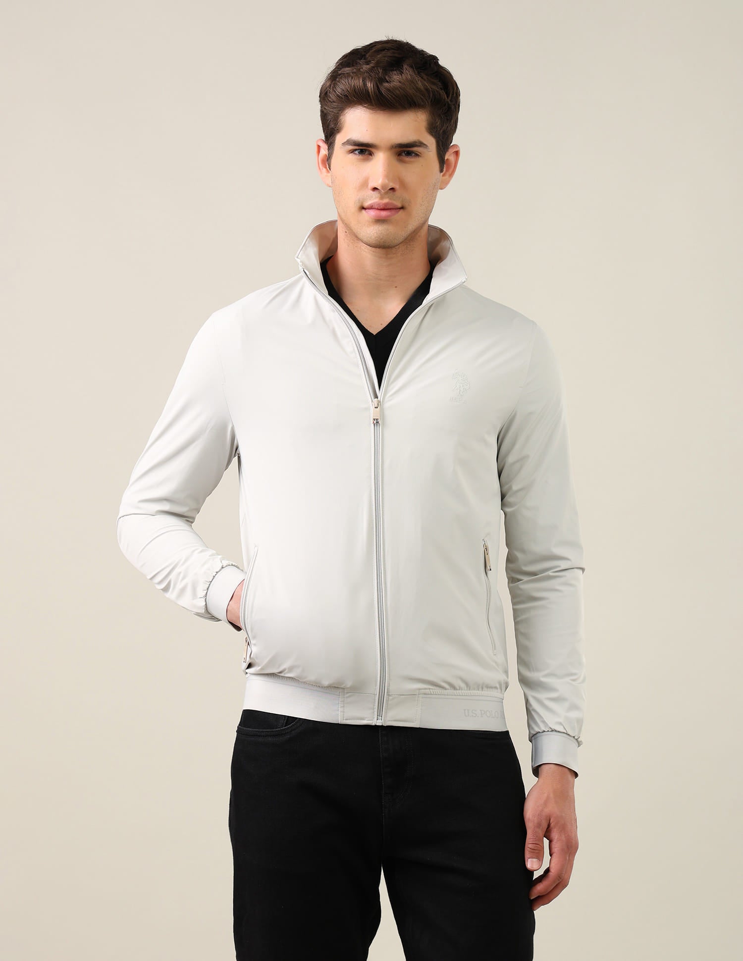 Graphic Printed Regular Fit Jacket Ice Grey - U.S. Polo Assn. India | Large