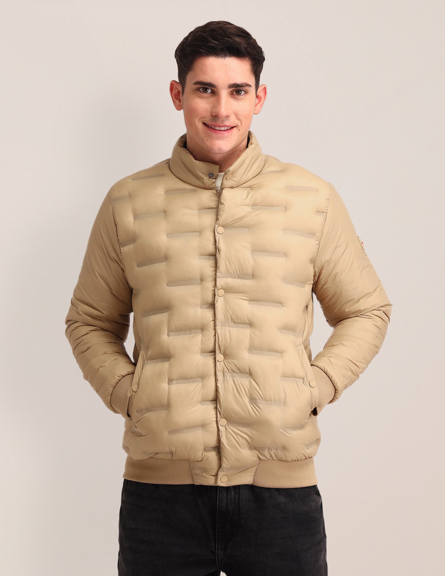 Solid High Neck Puffer Jacket Khaki - U.S. Polo Assn. India | Large