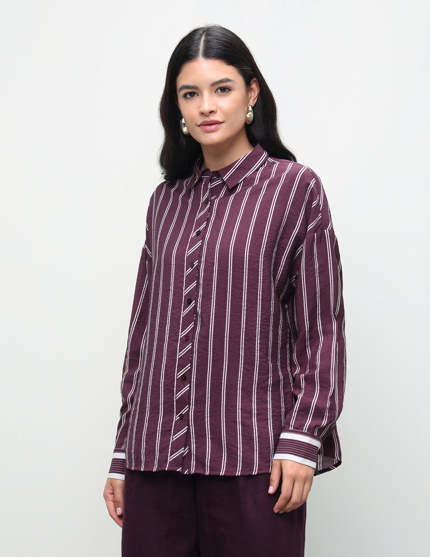 Vertical Striped Boyfriend Fit Shirt Wine - U.S. Polo Assn. India | Large