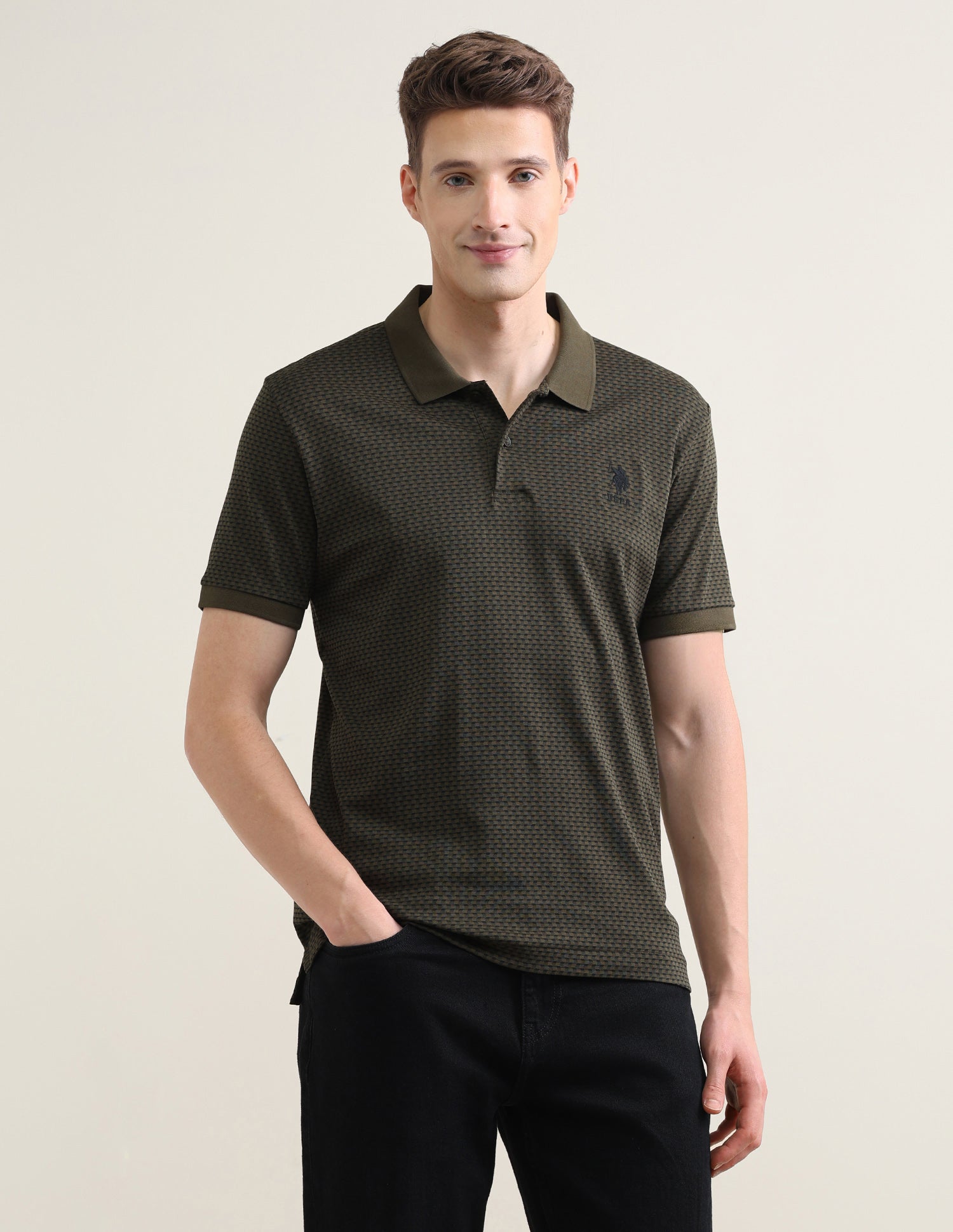 Geometric Printed Slim Fit Polo Shirt Olive - U.S. Polo Assn. India | Large