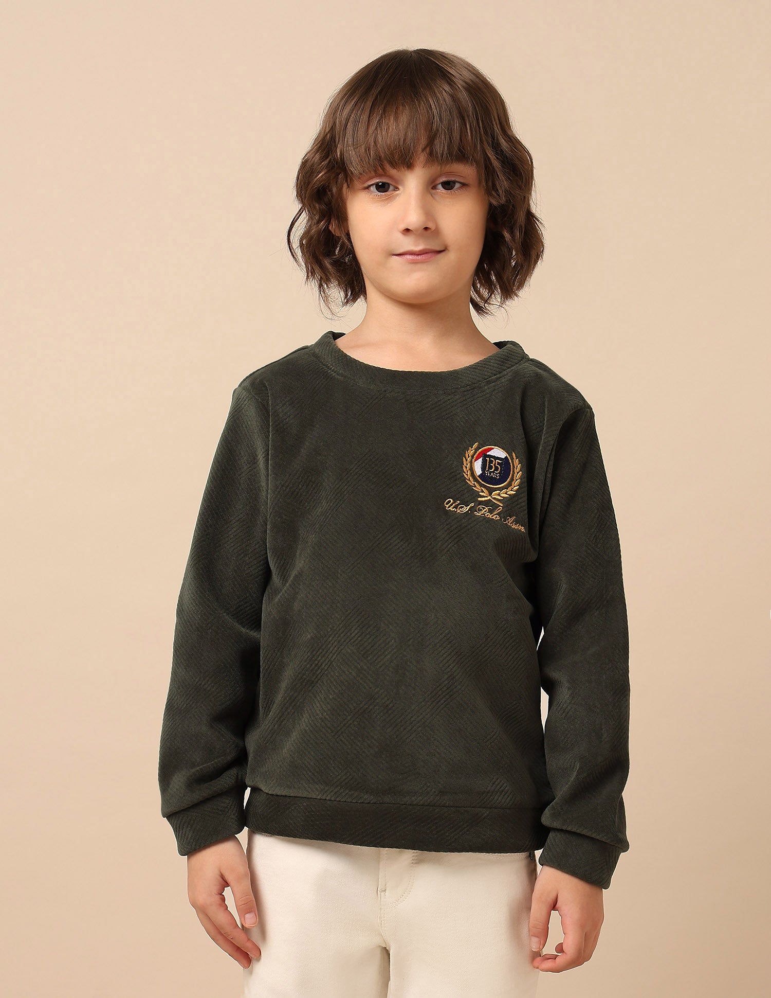 Boys Textured Patterned Knit Regular Fit Sweatshirt Olive - U.S. POLO ASSN. | Large