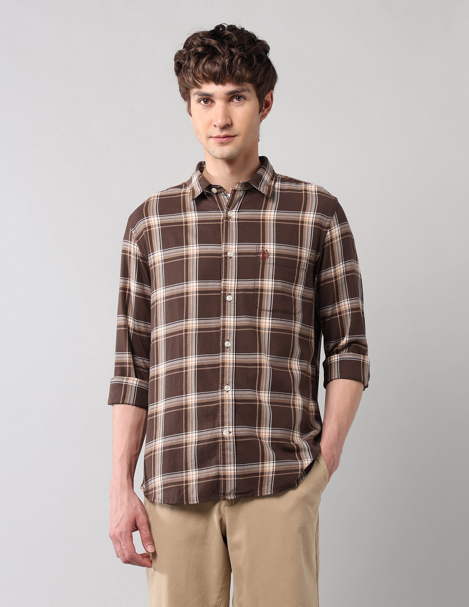 Grid Tattersall Checked Pure Cotton Shirt Brown - U.S. POLO ASSN. | Large