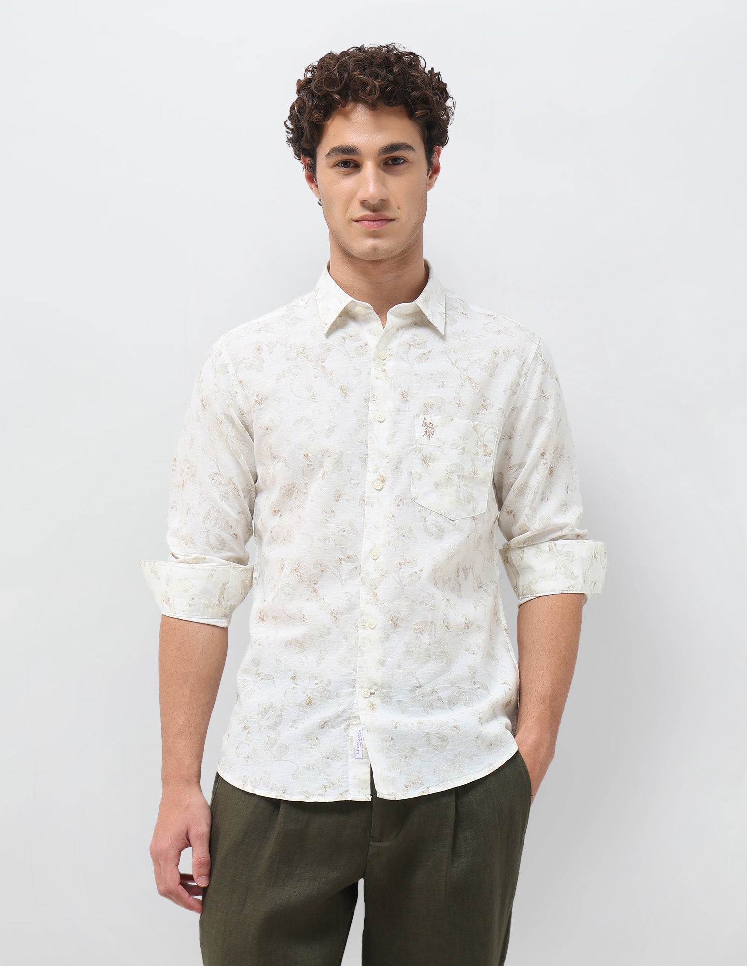 Floral Printed Regular Fit Shirt Ivory - U.S. Polo Assn. India | Large