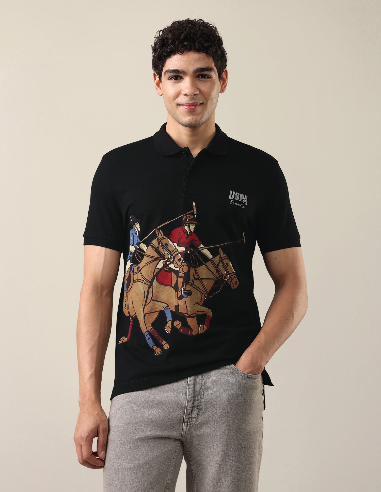 Graphic Brand Printed Slim Fit Polo Shirt Black - U.S. Polo Assn. India | Large
