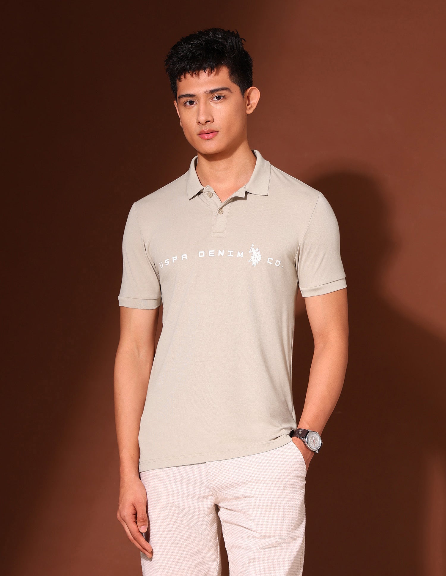 Brand Printed Work And Wander Polo Shirt Beige - U.S. Polo Assn. India | Large