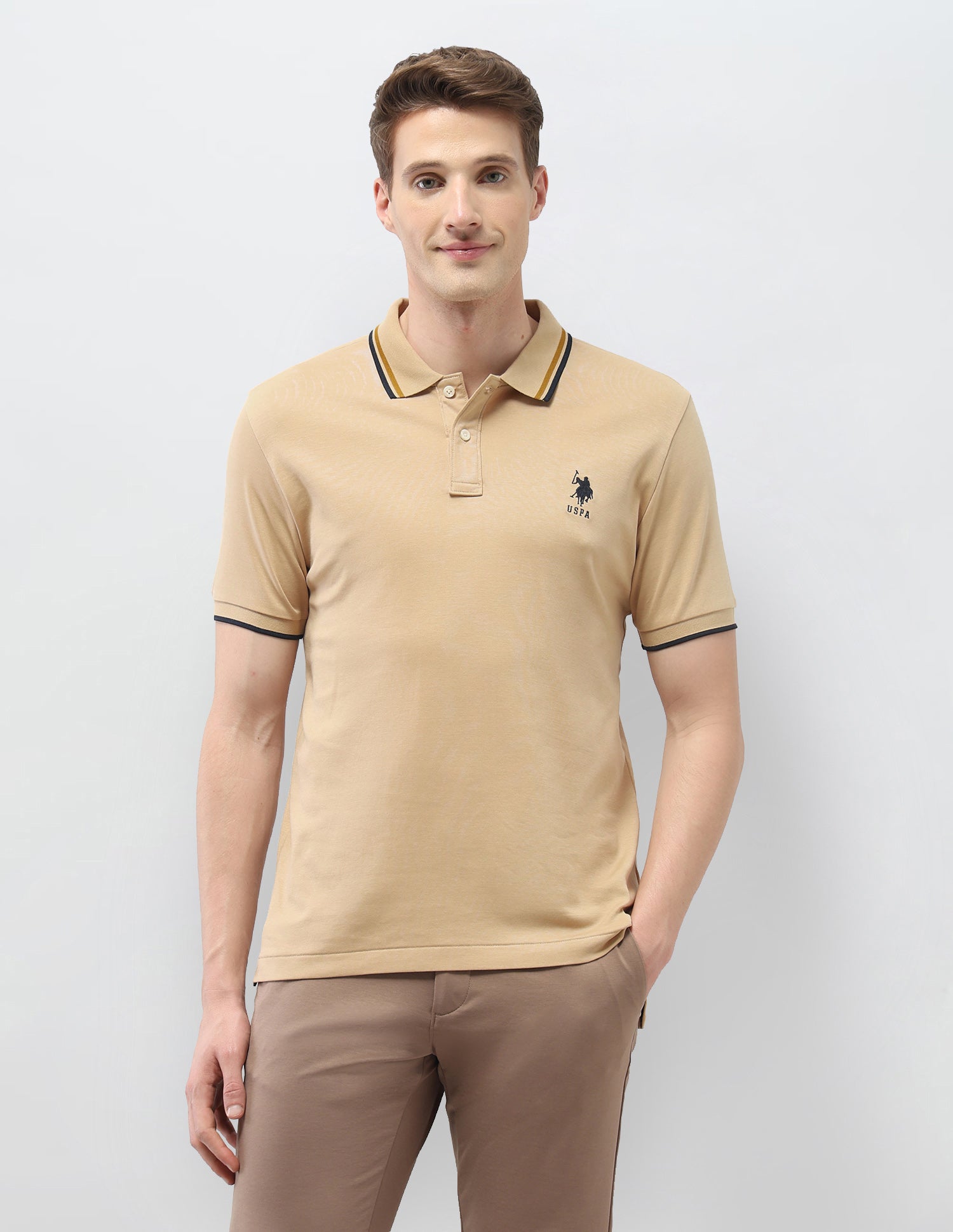 Solid Slim Fit Polo Shirt Beige - U.S. Polo Assn. India | Large