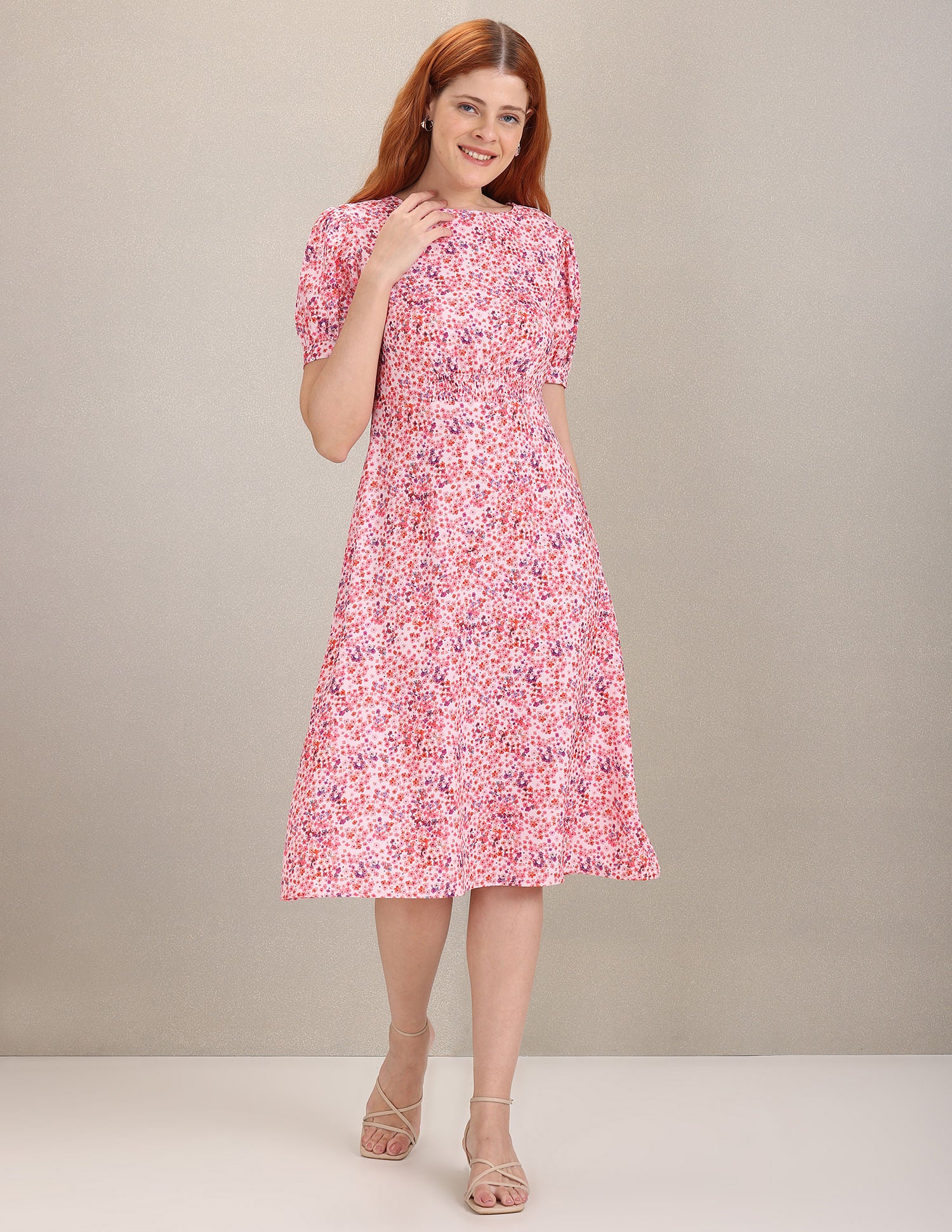 Puff Sleeve Floral Fit And Flare Dress Pink - U.S. Polo Assn. India | Large