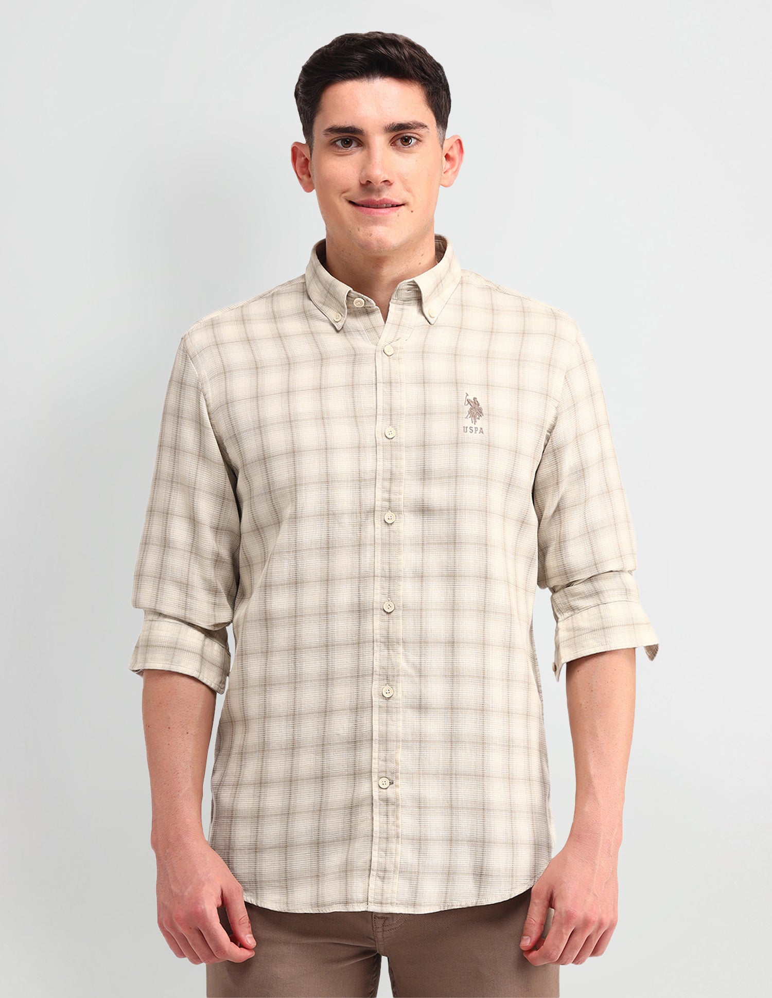 Tartan Checked Slim Fit Shirt Beige - U.S. Polo Assn. India | Large