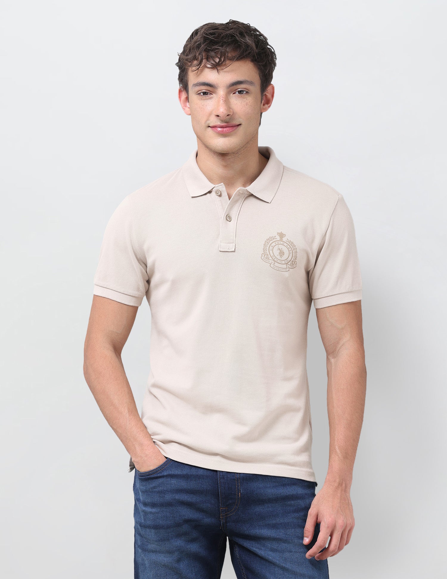 Graphic Brand Printed Slim Fit Polo Shirt Beige - U.S. Polo Assn. India | Large