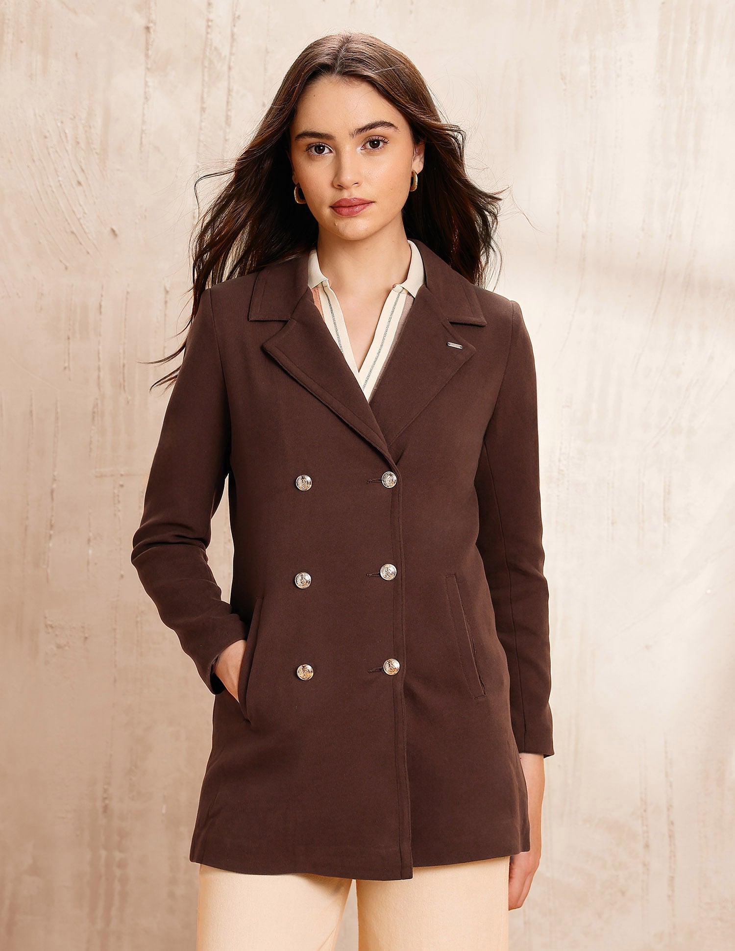 Double Breasted Notch Lapel Coat Brown - U.S. POLO ASSN. | Large