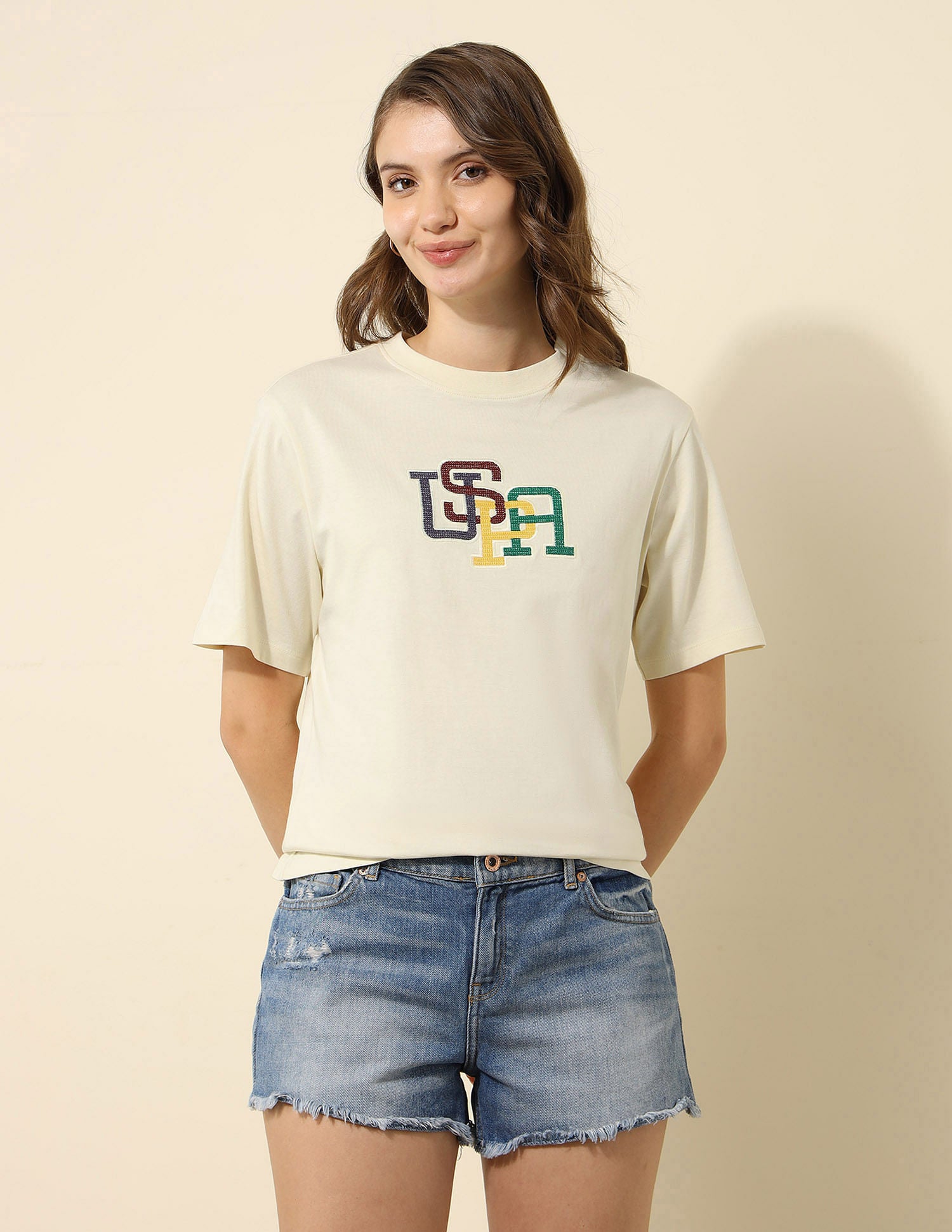 Appliqued Boxy Fit T-Shirt Ecru - U.S. POLO ASSN. | Large