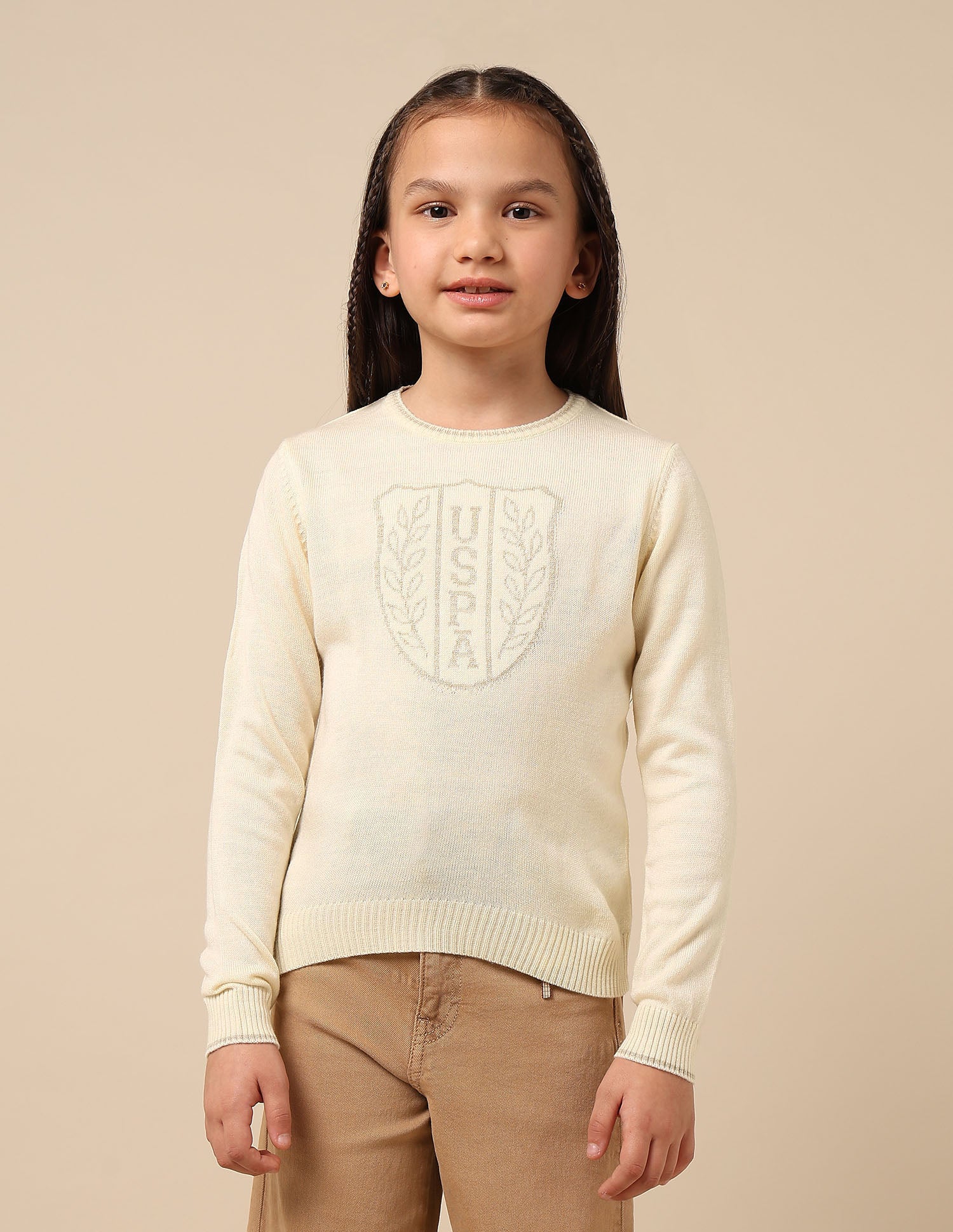 Girls Brand Patterned Knit Sweater Off White - U.S. POLO ASSN. | Large