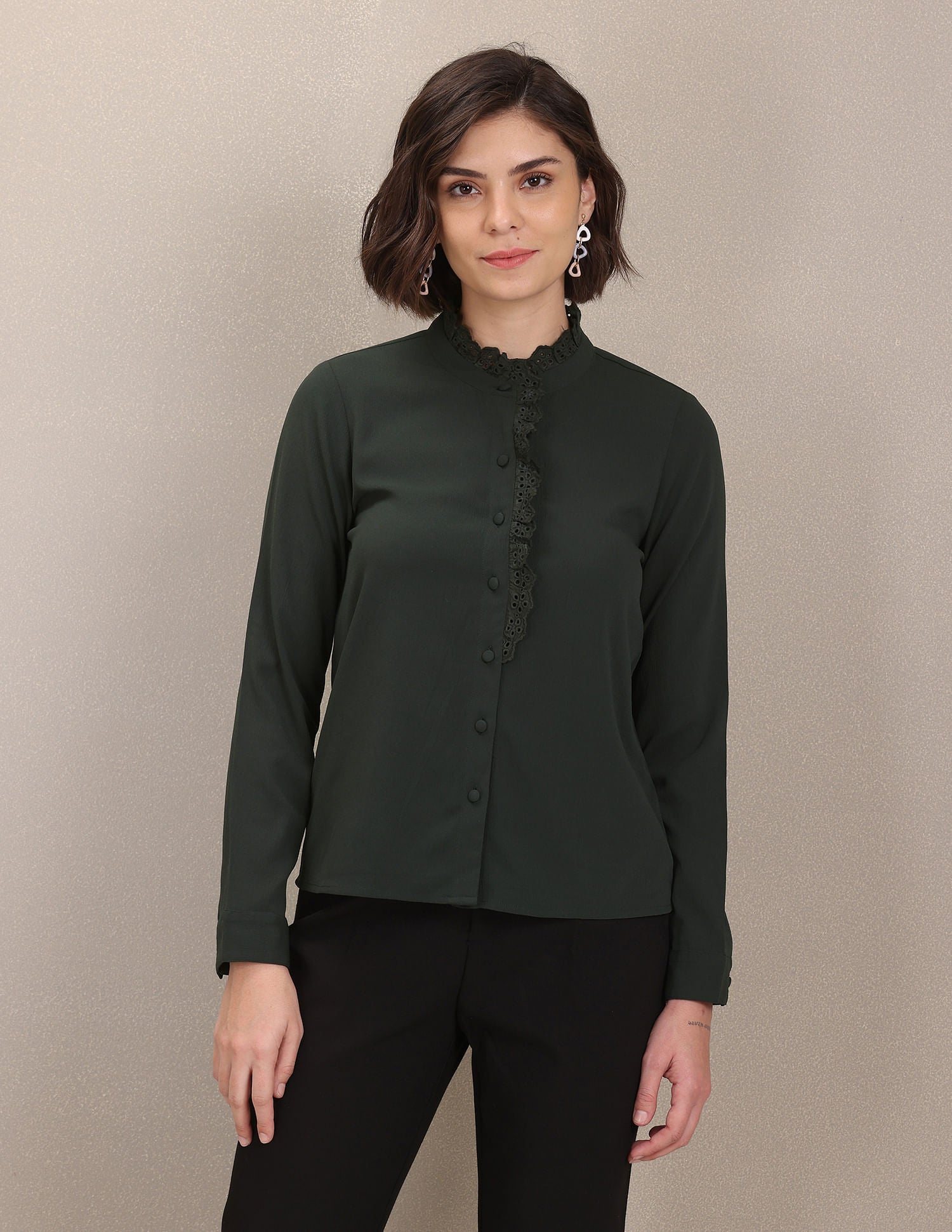 Ruffled Collar Long Sleeve Solid Top Black - U.S. POLO ASSN. | Large