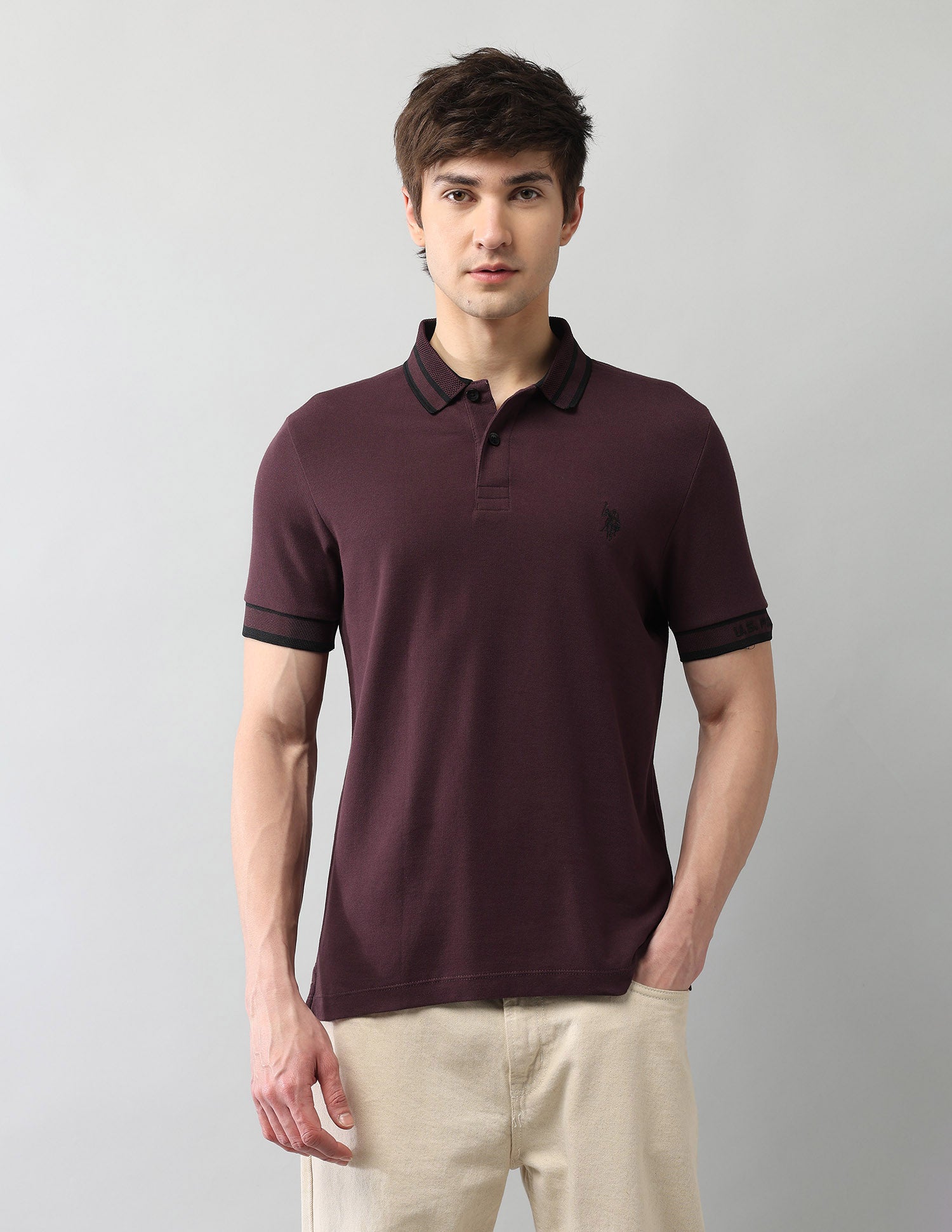 Solid Pure Cotton Black Label Polo Shirt Burgundy - U.S. Polo Assn. India | Large