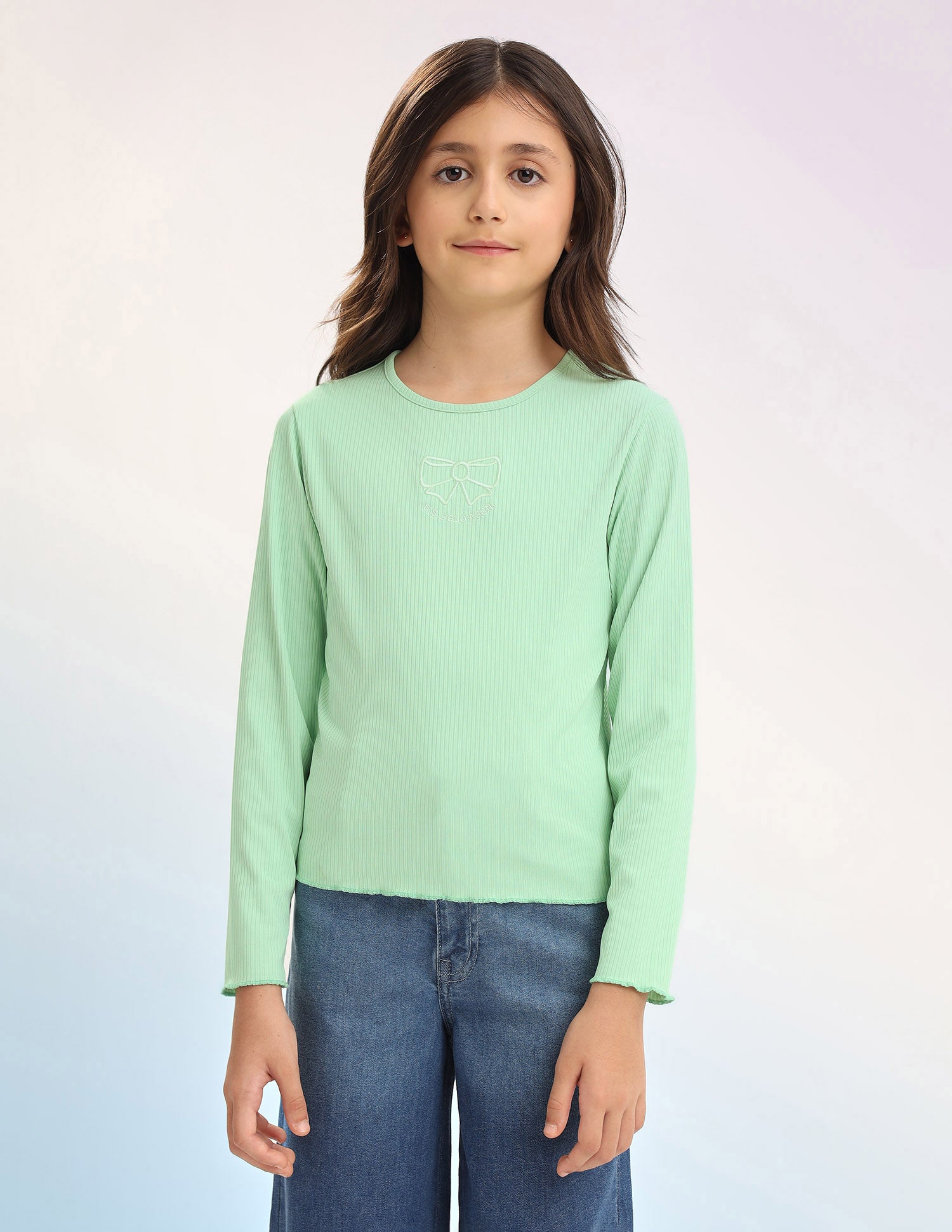Girls Patterned Knit Regular Fit T-Shirt Light Green - U.S. POLO ASSN. | Large