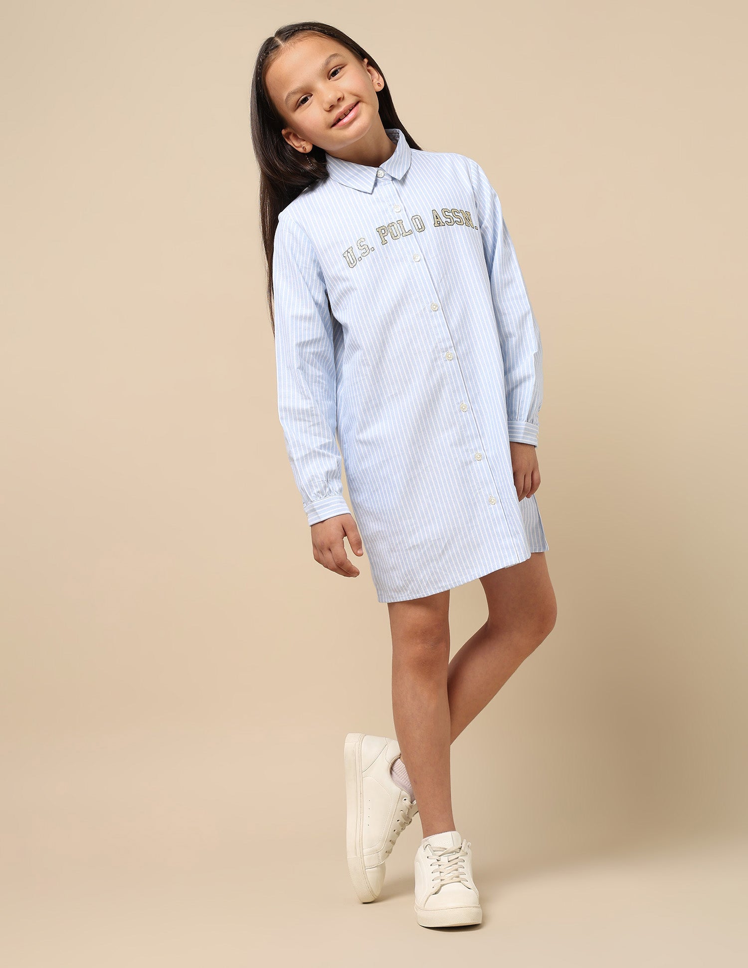 Girls Pin Stripe Chambray Dress Blue Stripe - U.S. POLO ASSN. | Large