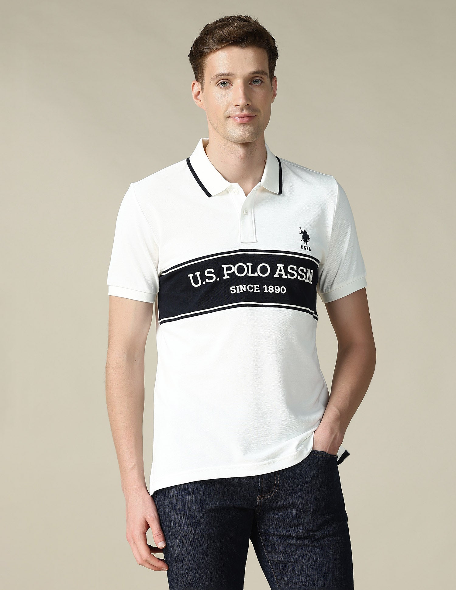 Cut & Sew Brand Embroidered Regular Fit Polo Shirt Ivory - U.S. POLO ASSN. | Large