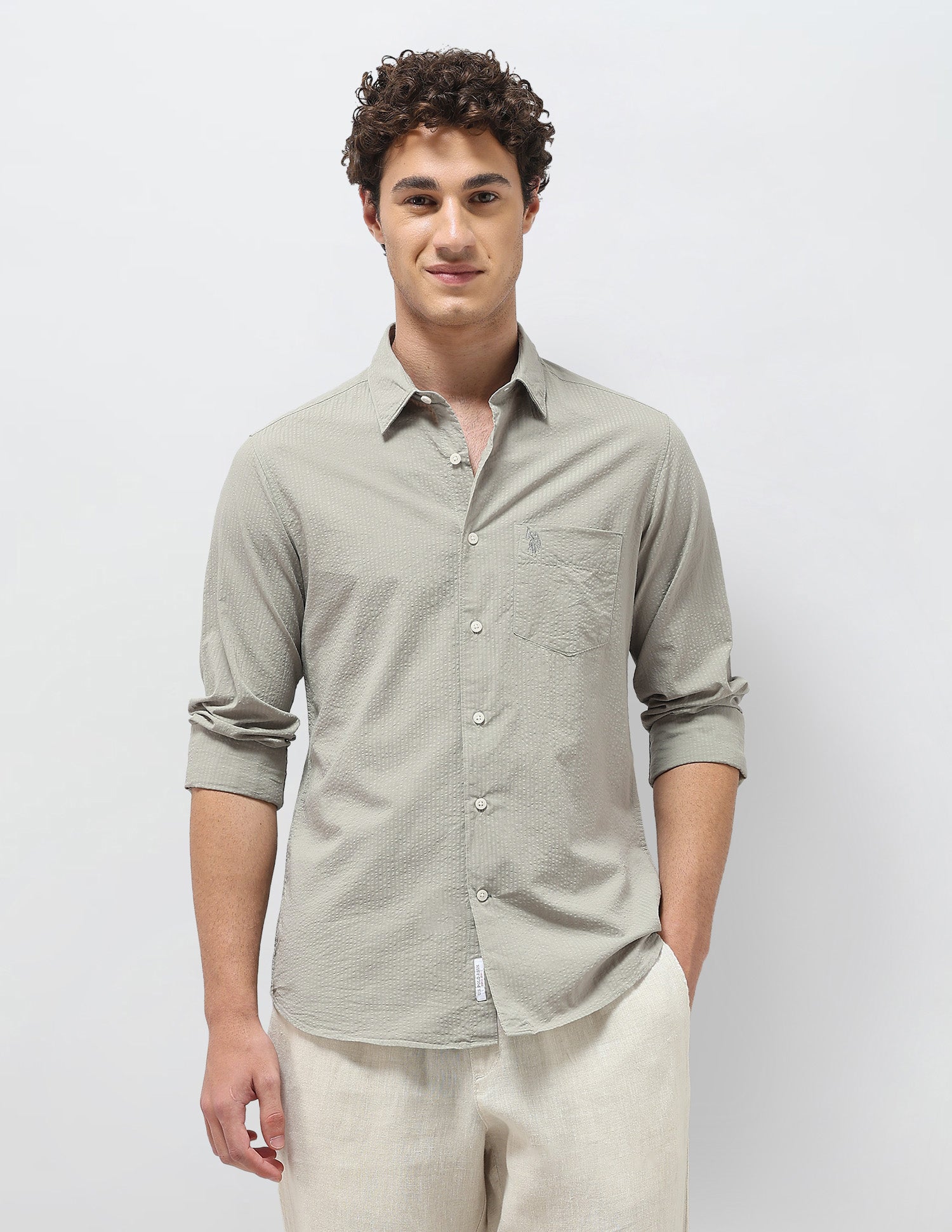 Regular Fit Seersucker Shirt Light Olive - U.S. Polo Assn. India | Large
