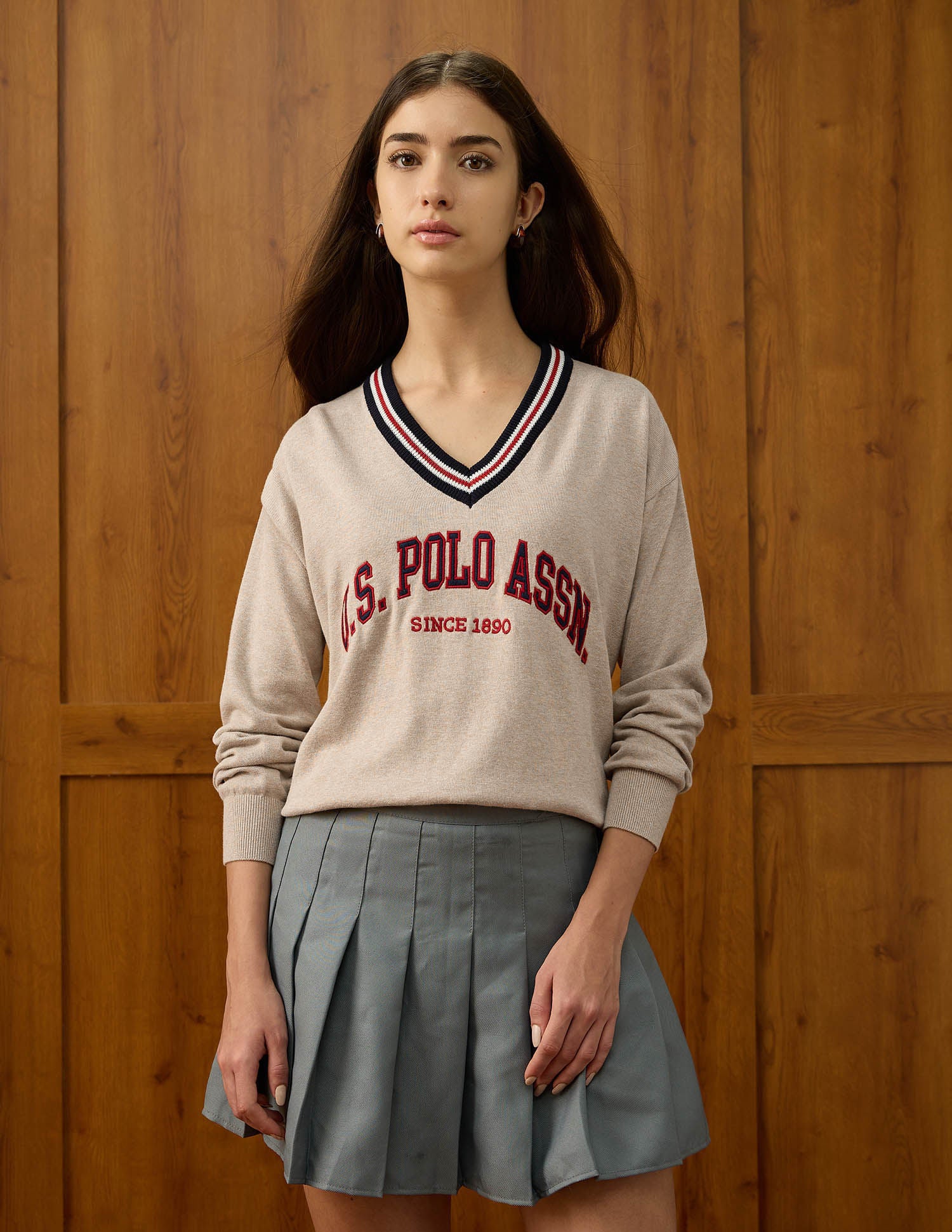 Relaxed Fit Brand Printed Sweater Beige - U.S. POLO ASSN. | Large