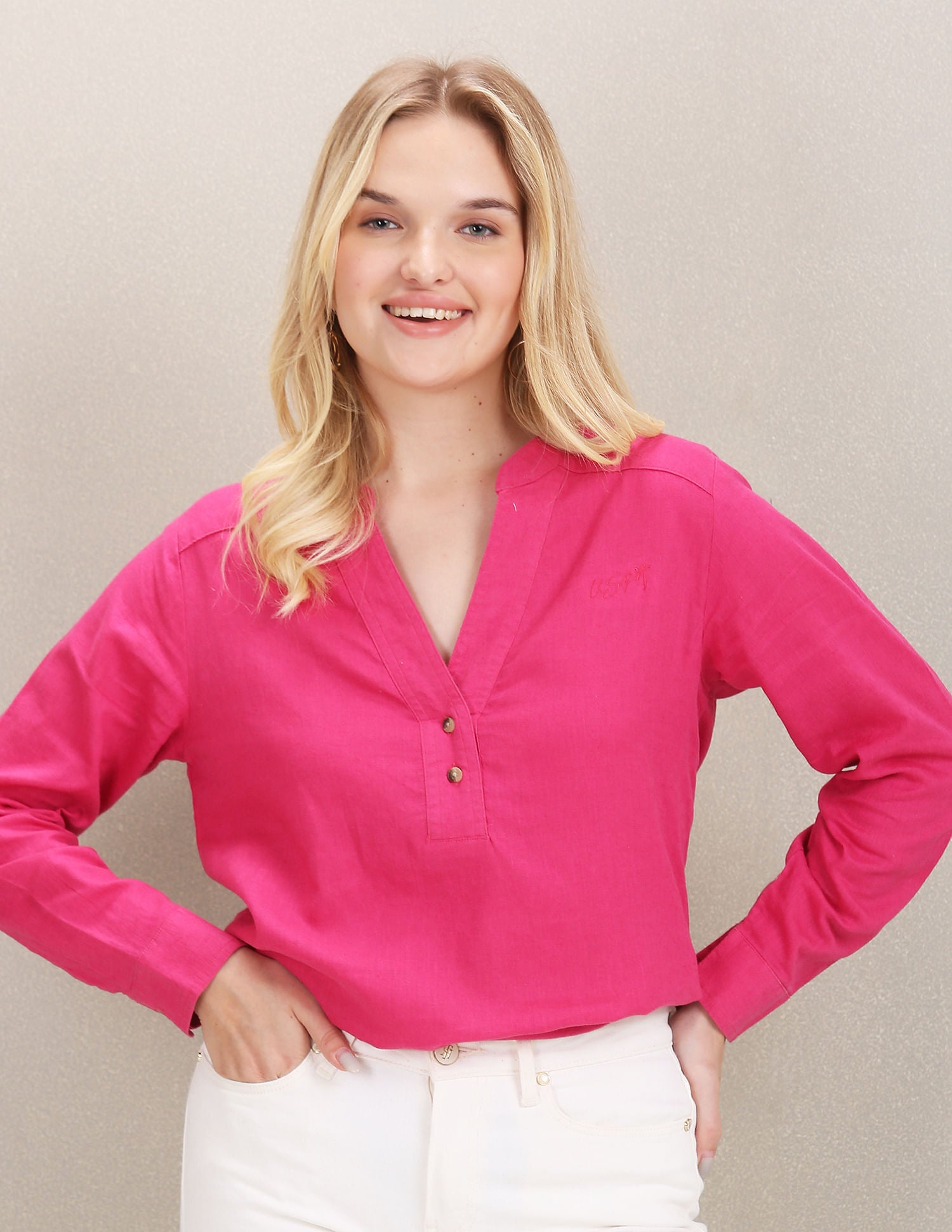 Mandarin Collar Solid Top Pink - U.S. POLO ASSN. | Large