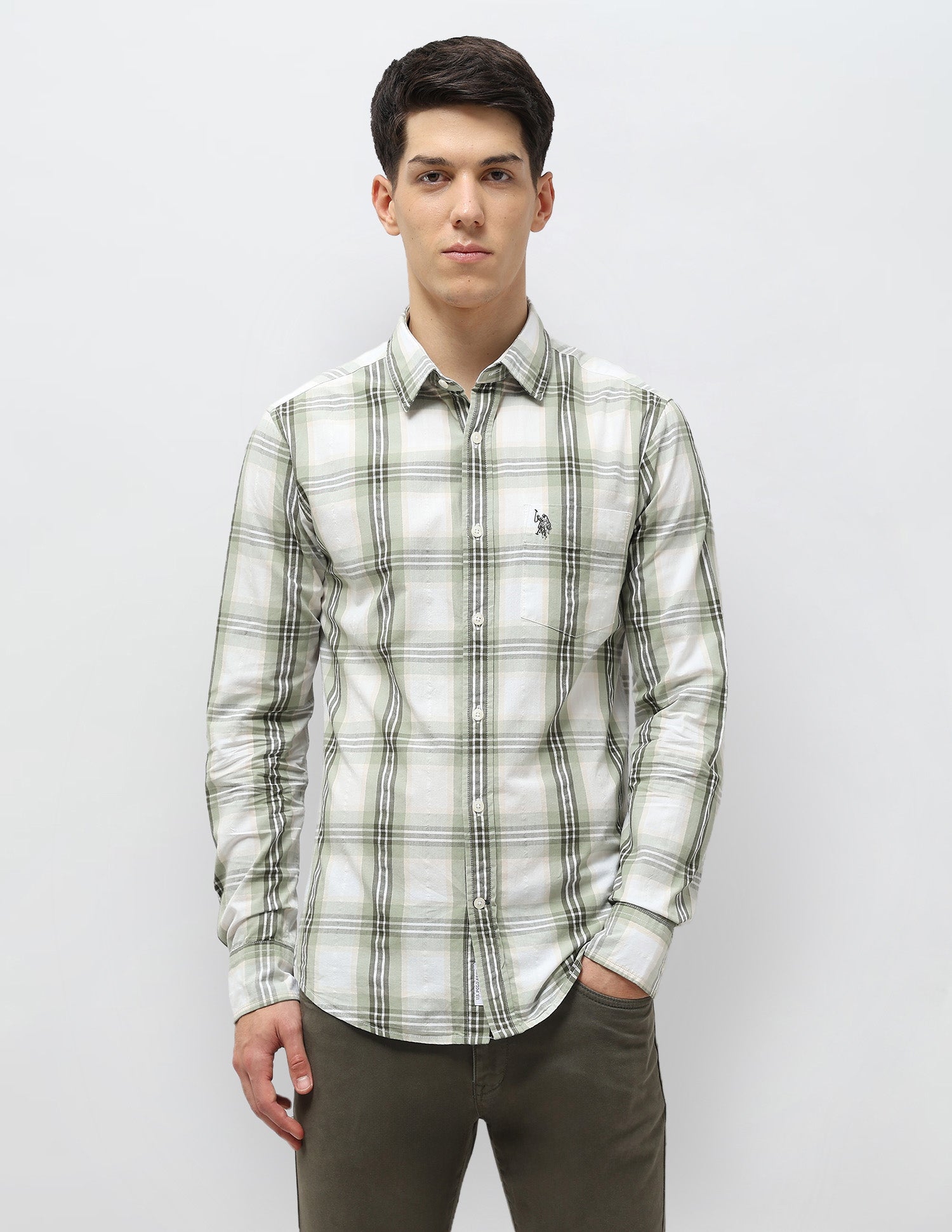 Tartan Checked Seersucker Shirt Light Olive - U.S. Polo Assn. India | Large