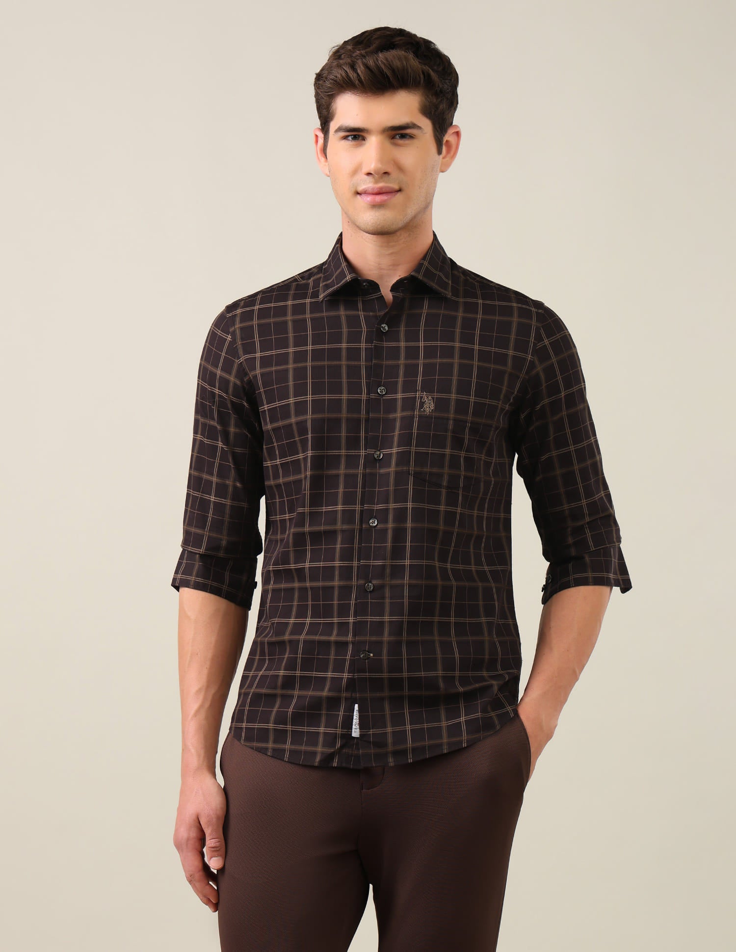 Grid Tattersall Checked Tailored Fit Shirt Brown - U.S. Polo Assn. India | Large