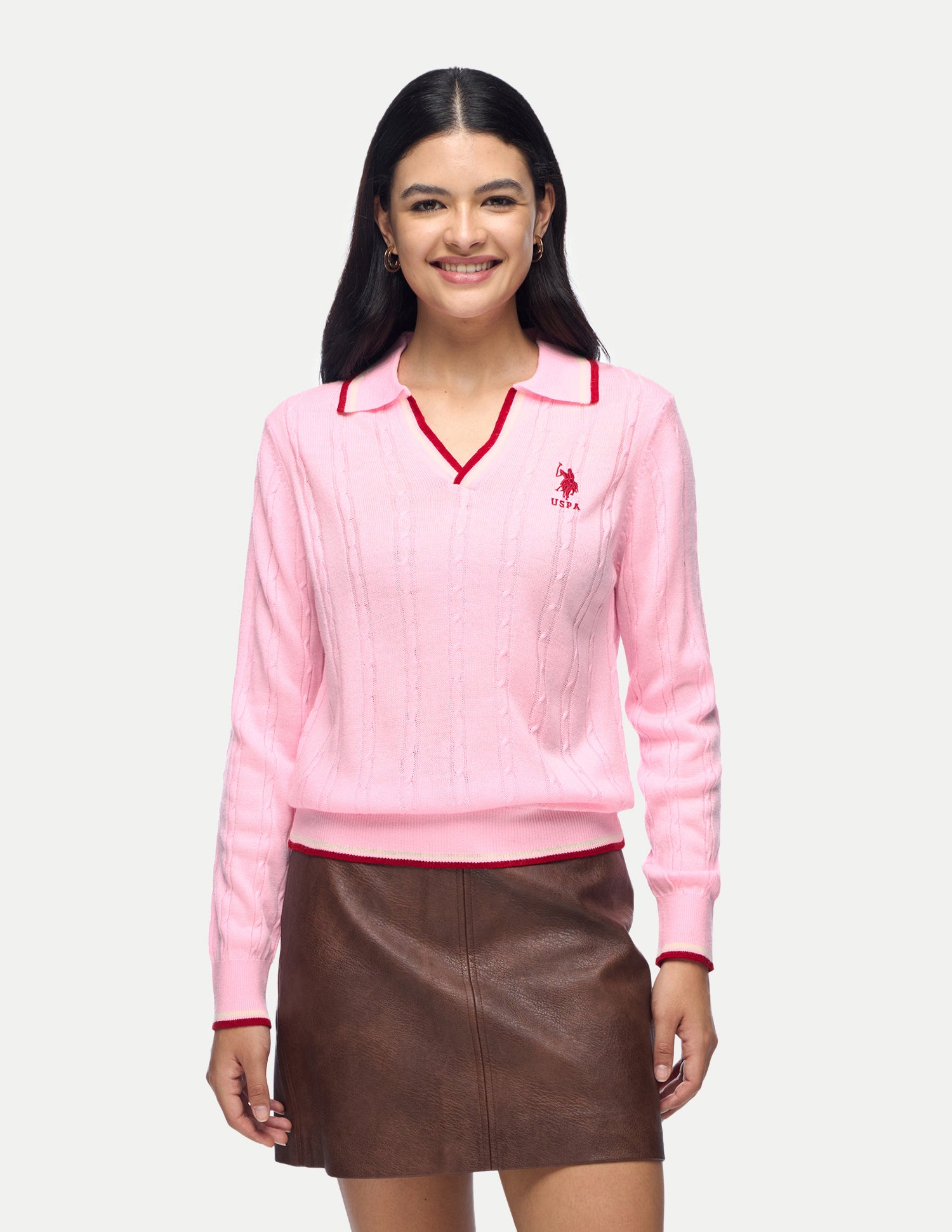 Cable Patterned Knit Regular Fit Sweater Pink - U.S. Polo Assn. India | Large
