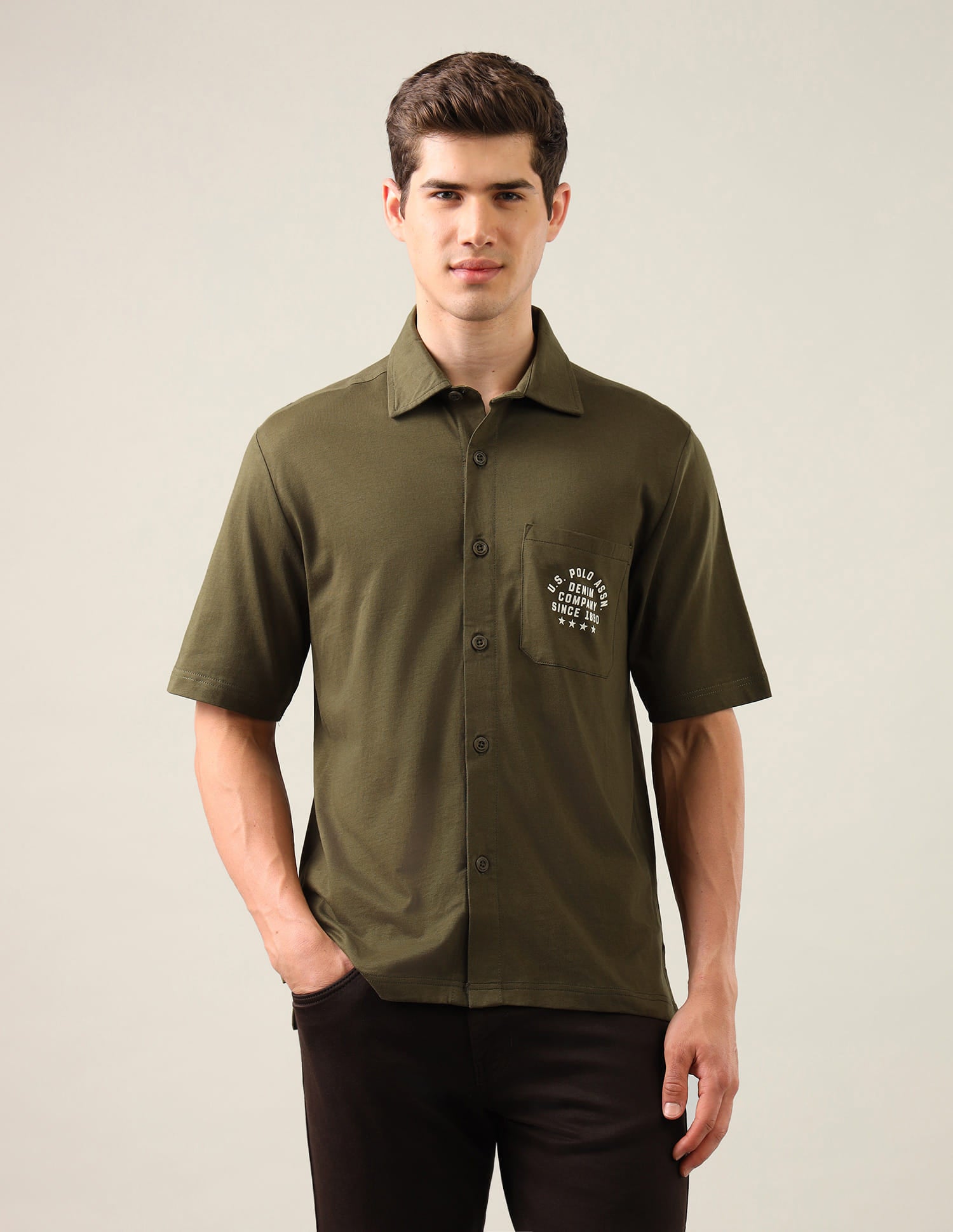 Typographic Brand Printed Knitted Shirt Green - U.S. Polo Assn. India | Large