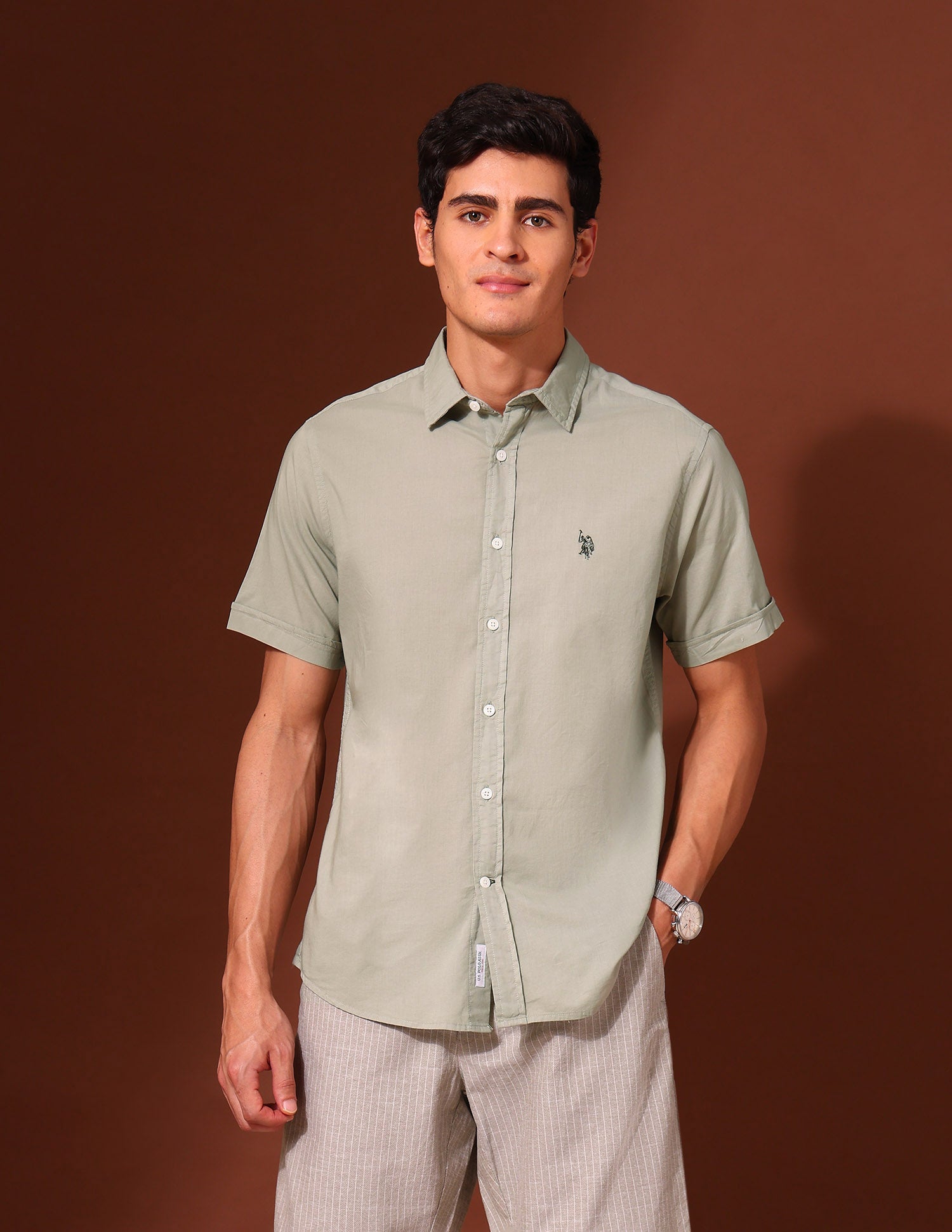Tailored Fit Pure Cotton Poplin Shirt Green - U.S. Polo Assn. India | Large