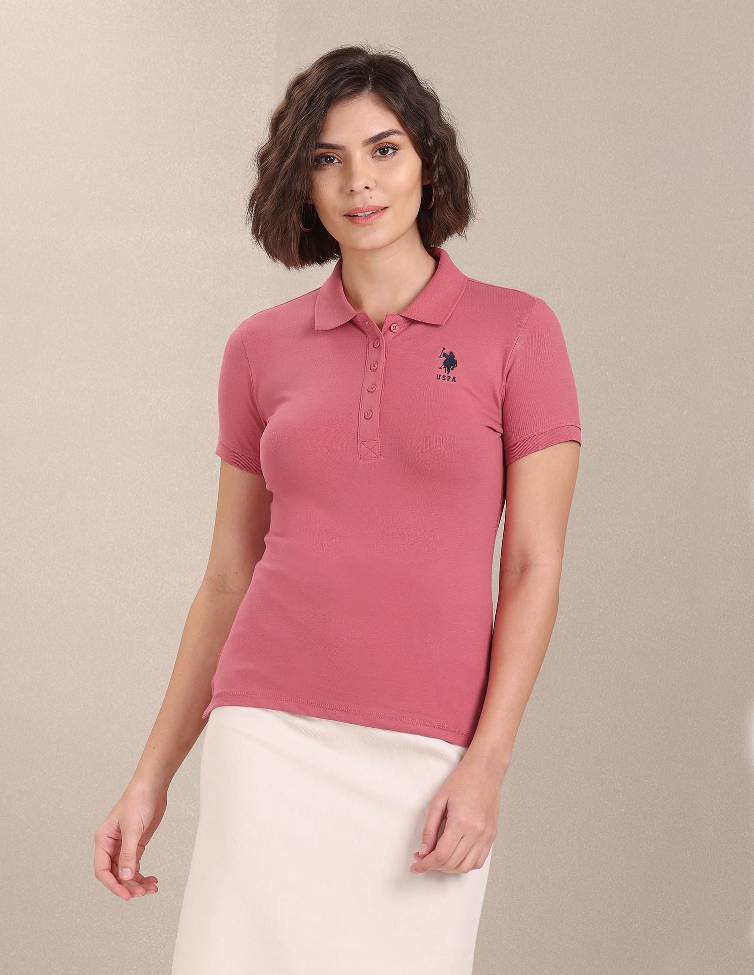 Ribbed Collar Solid Polo Shirt Pink - U.S. POLO ASSN. | Large