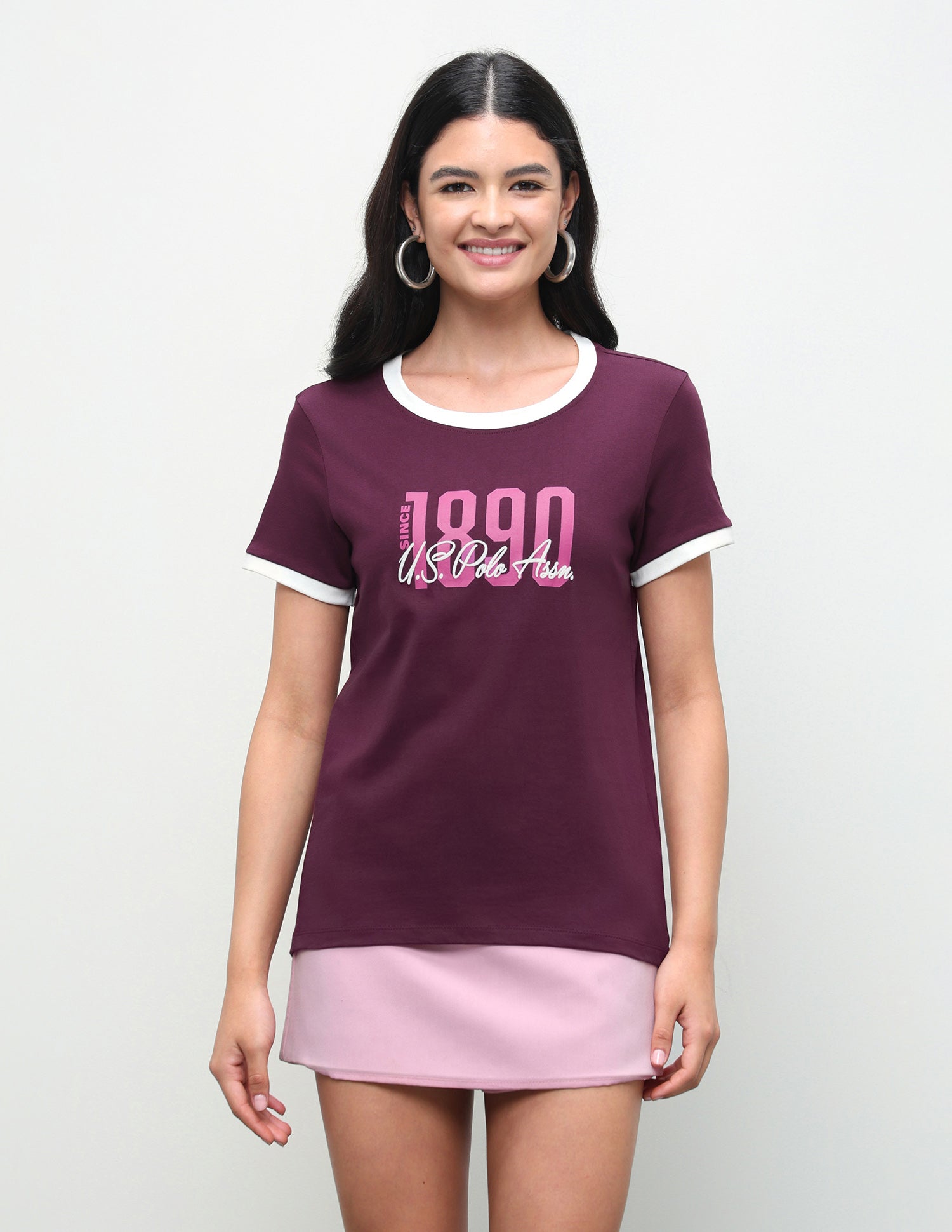 Typographic Brand Printed Ringer T-Shirt Wine - U.S. Polo Assn. India | Large