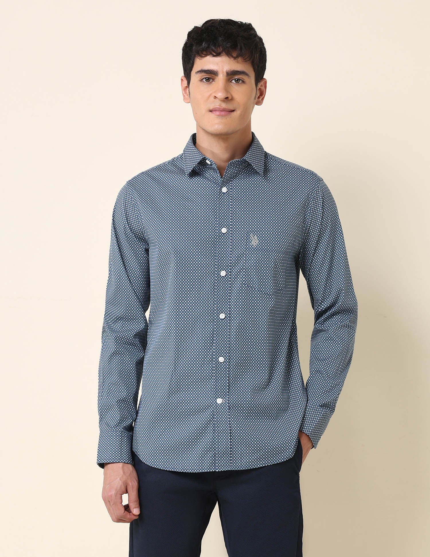 Geometric Printed Tailored Fit Shirt Blue - U.S. Polo Assn. India | Large