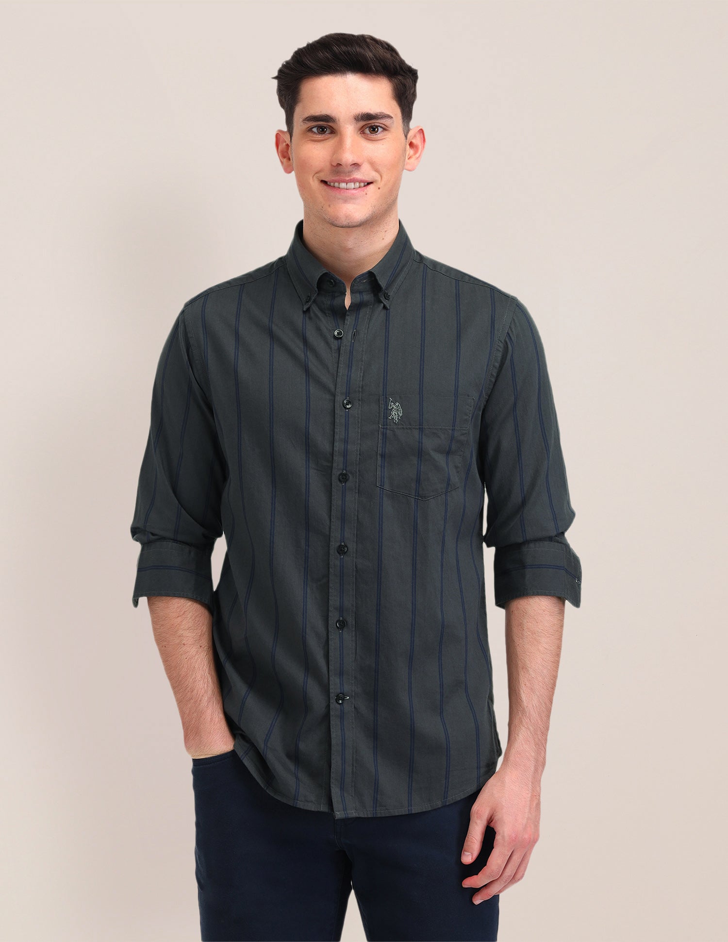 Vertical Striped Tailored Fit Shirt Grey - U.S. Polo Assn. India | Large