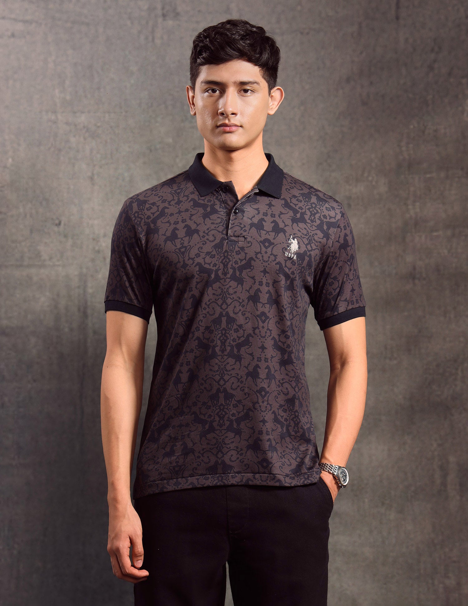 All-Over Printed Muscle Fit Polo shirt Dark Brown - U.S. POLO ASSN. | Large