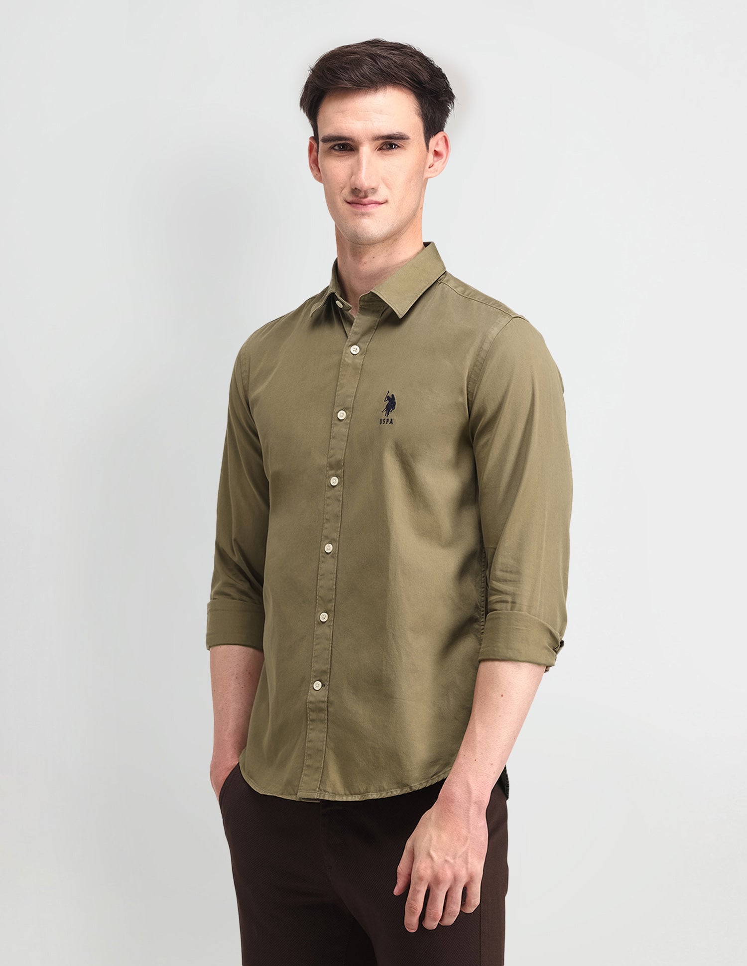 Slim Fit Cotton Shirt Dark Green - U.S. POLO ASSN. | Large