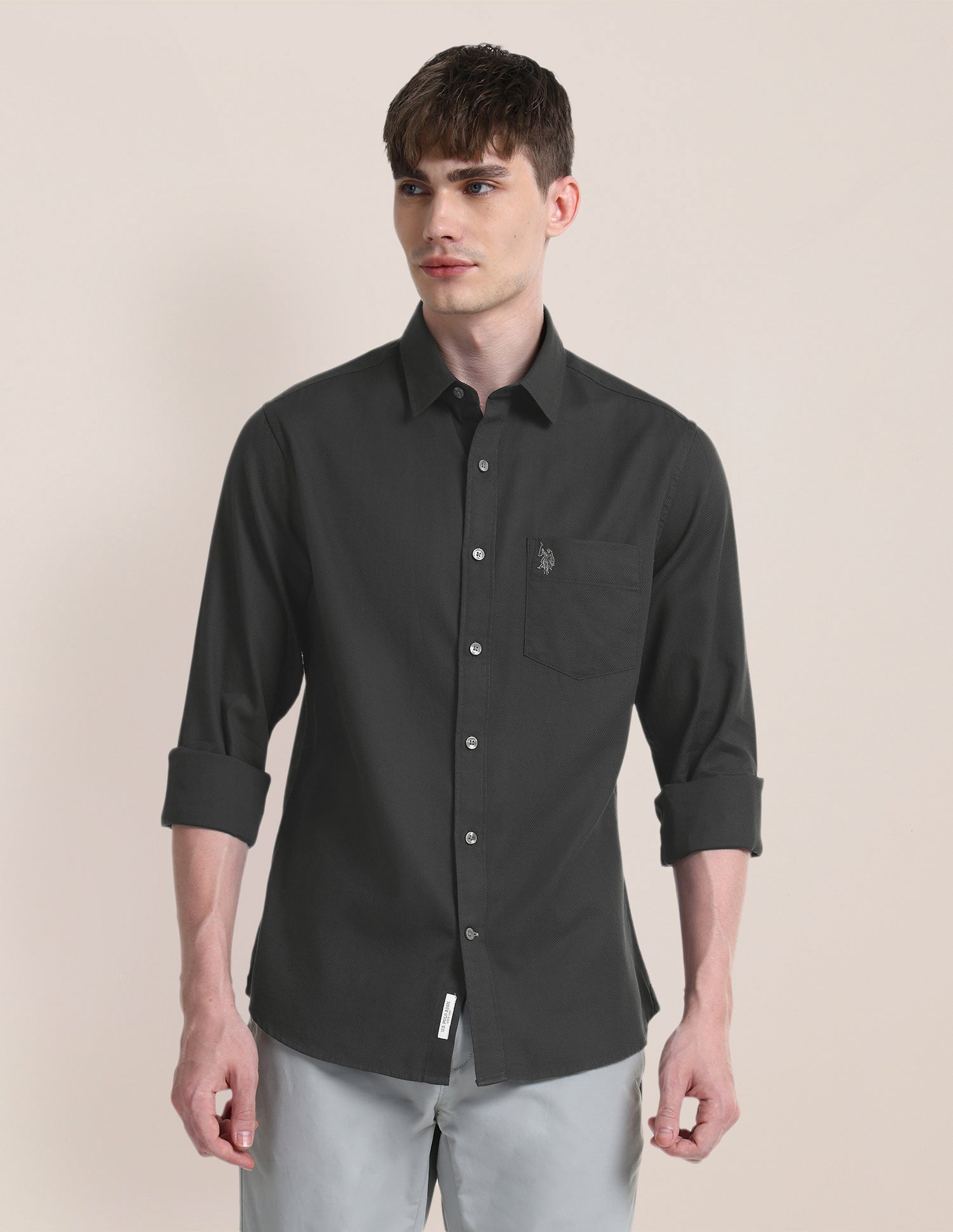 Solid Regular Fit Shirt Charcoal-Grey - U.S. Polo Assn. India | Large