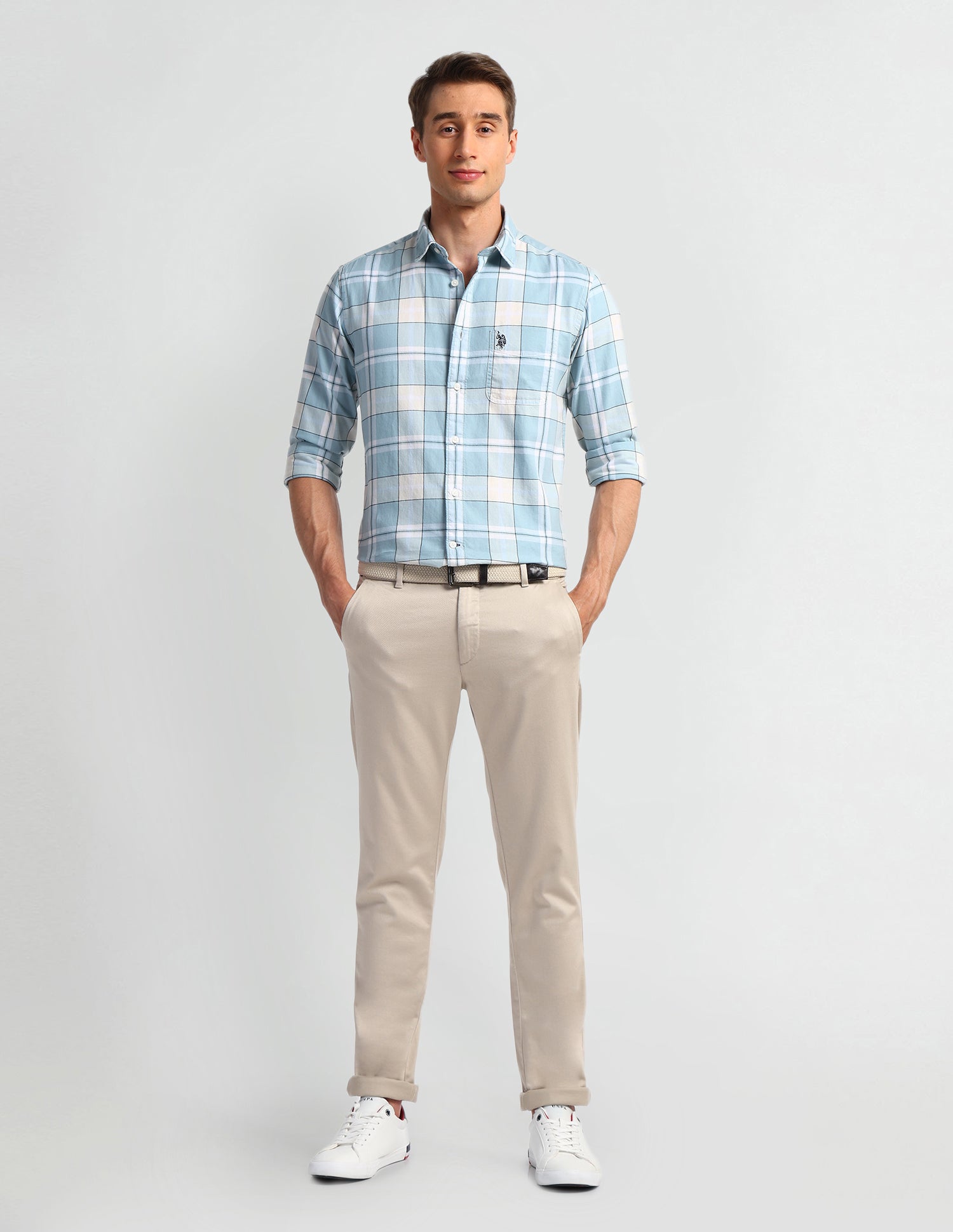Windowpane Checked Slim Fit Shirt Light-Blue - U.S. Polo Assn. India | Large