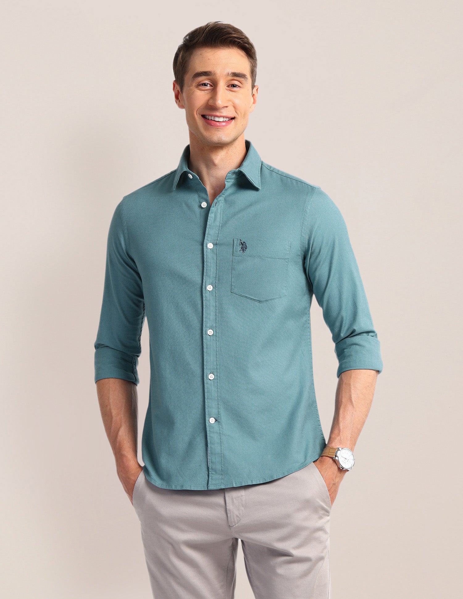 Solid Slim Fit Shirt Teal - U.S. Polo Assn. India | Large