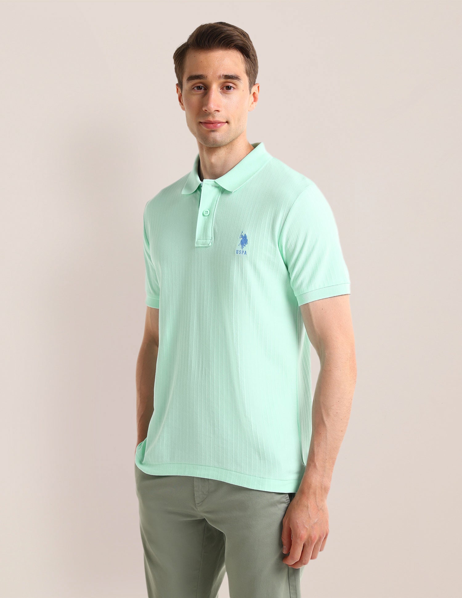 Textured Slim Cotton Polo Shirt Light Green - U.S. Polo Assn. India | Large