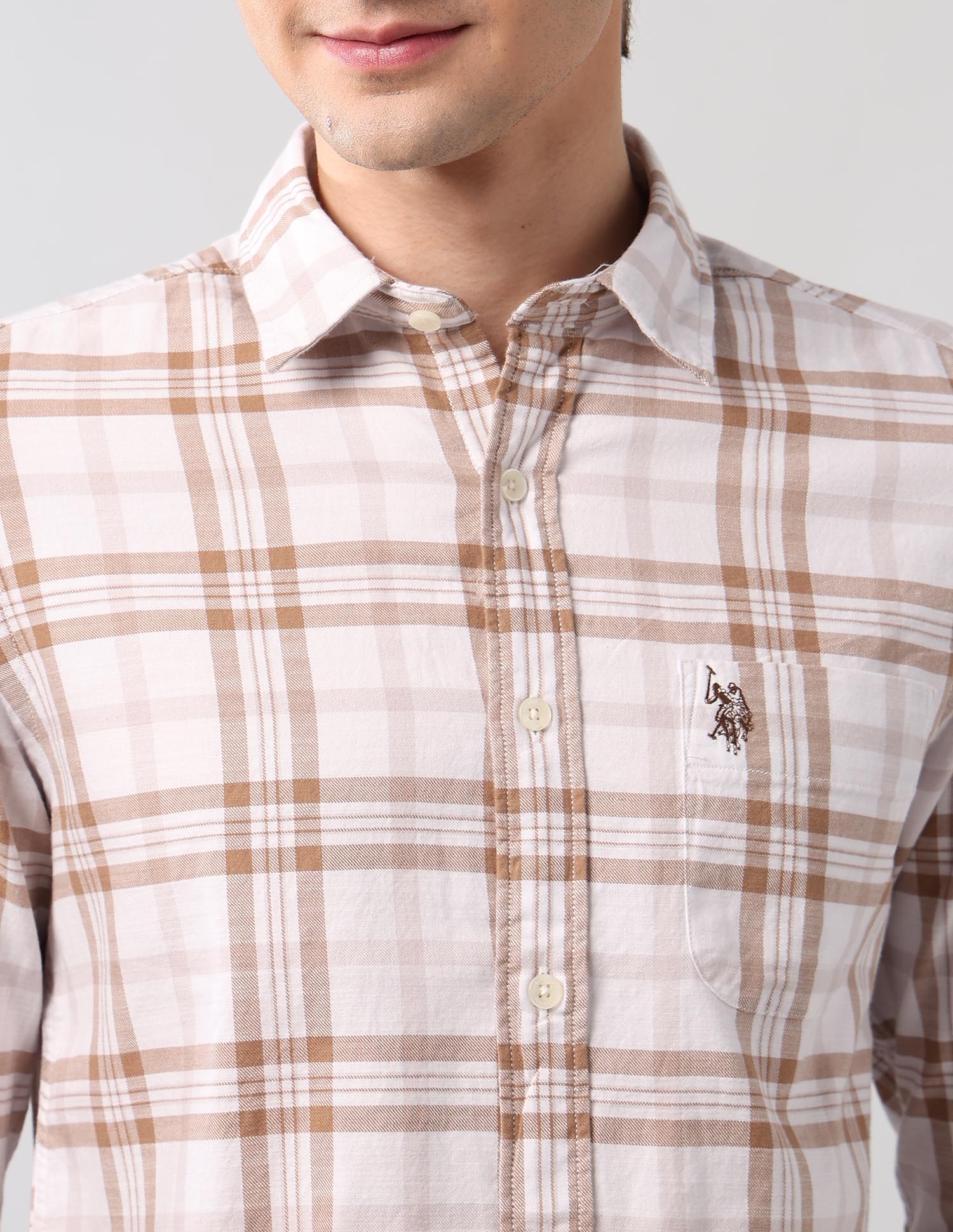 Plaid Checked Pure Cotton Shirt Khaki - U.S. Polo Assn. India | Large