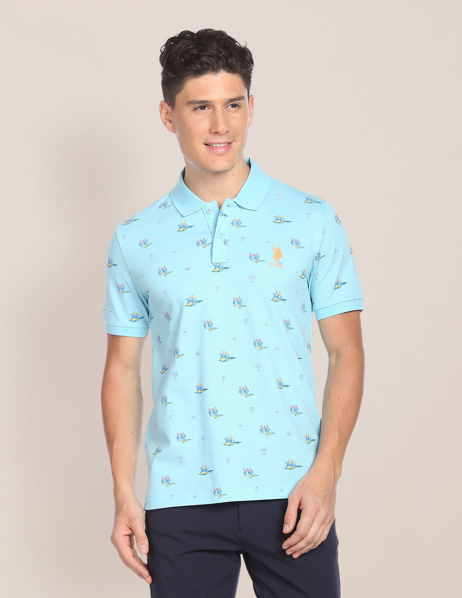 Brand Print Cotton Polo Shirt Aqua - U.S. POLO ASSN. | Large