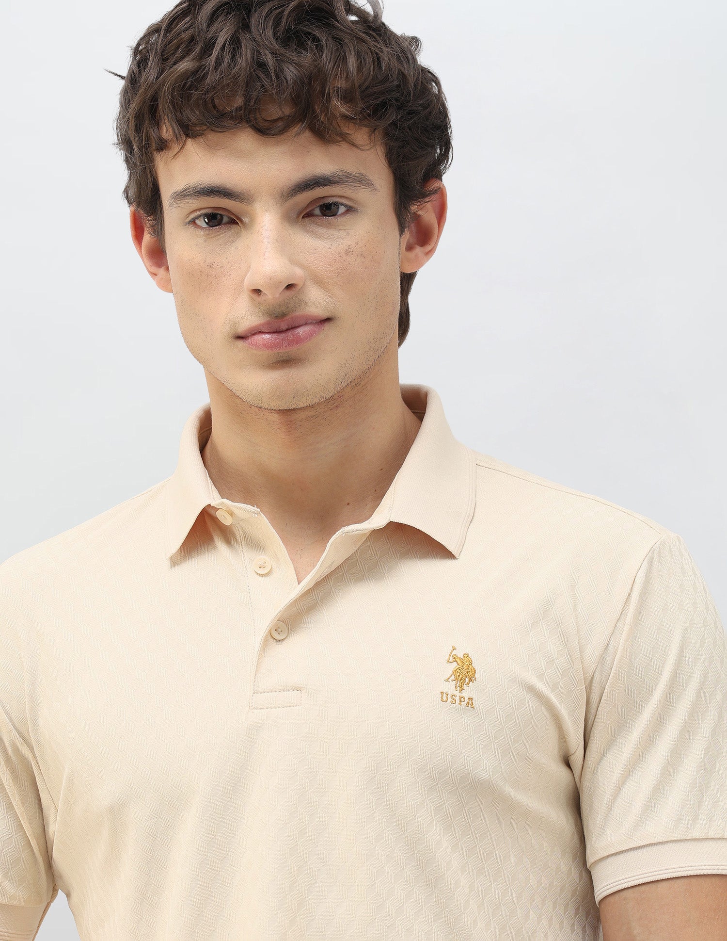 Geometric Patterned Knit Slim Fit Polo Shirt Beige - U.S. Polo Assn. India | Large