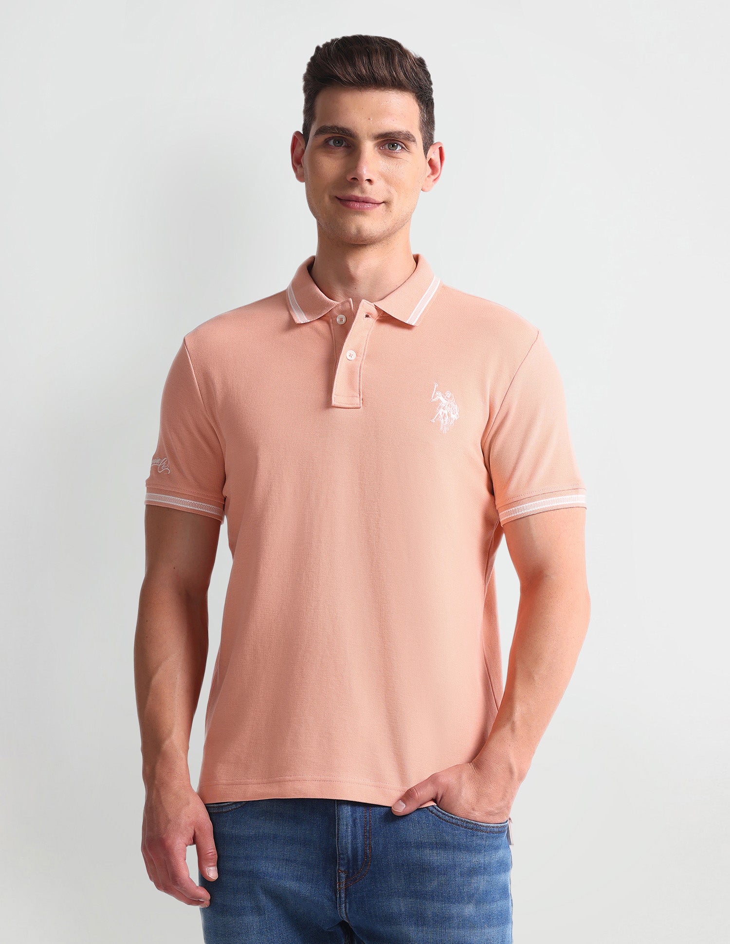 Patterned Collar Muscle Fit Polo Shirt Peach - U.S. Polo Assn. India | Large