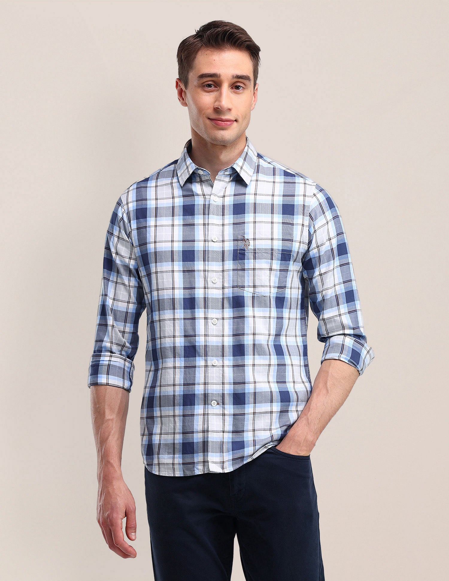 Tailored Fit Checked Shirt Blue - U.S. Polo Assn. India | Large