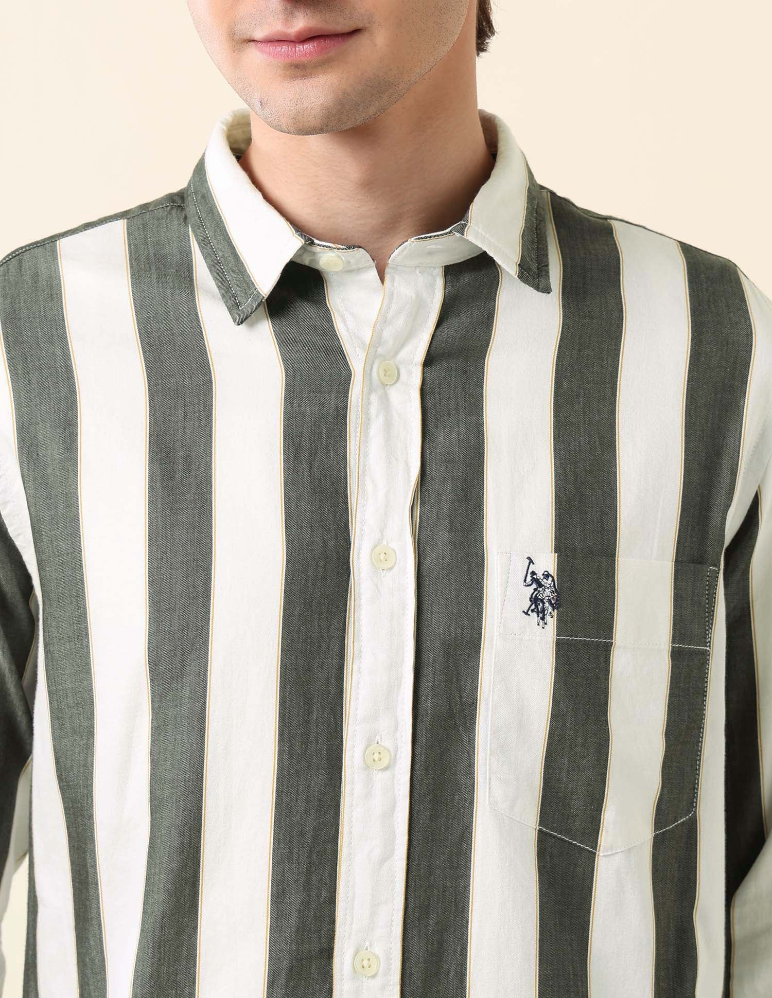 Vertical Striped Pure Cotton Shirt Green - U.S. Polo Assn. India | Large