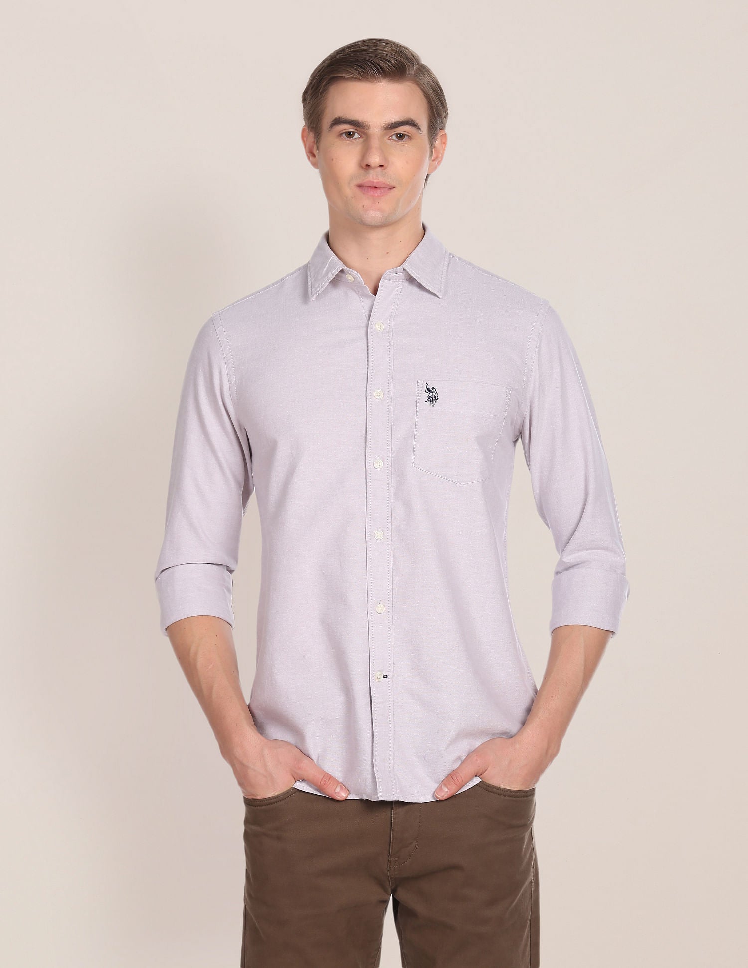 Solid Cotton Oxford Shirt Stone - U.S. Polo Assn. India | Large