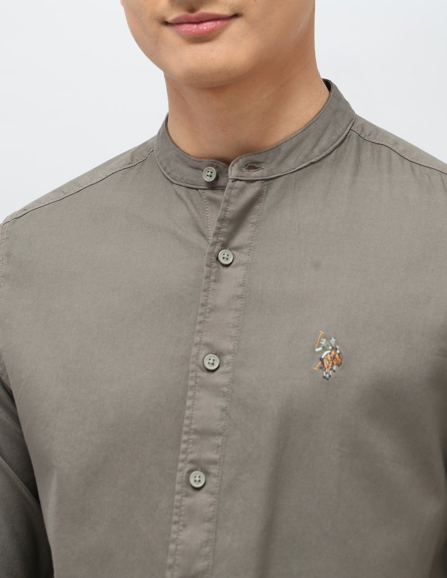 Twill Pure Cotton Mandarin Shirt Light Olive - U.S. POLO ASSN. | Large