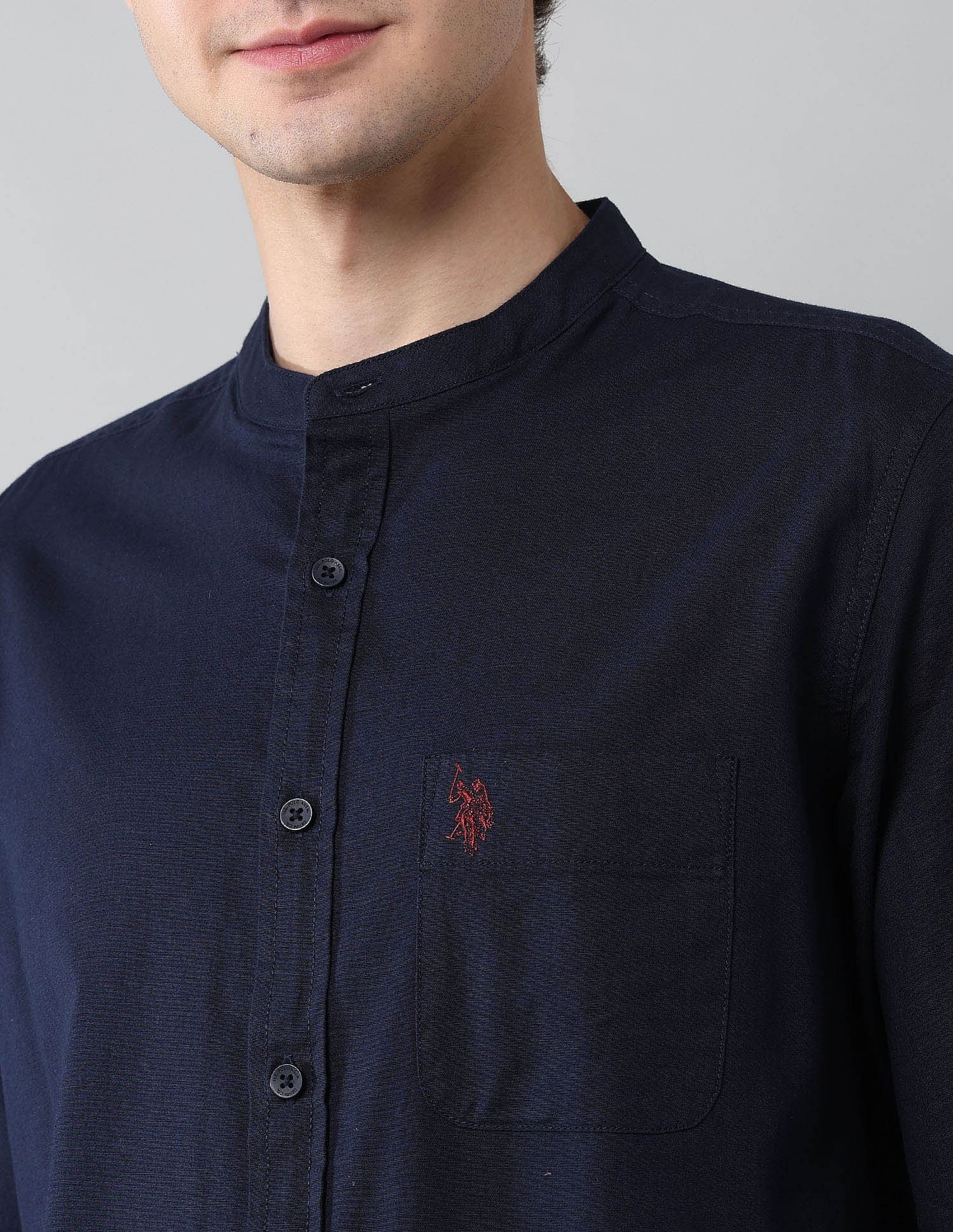 Solid Slub Mandarin Collar Shirt Navy - U.S. Polo Assn. India | Large