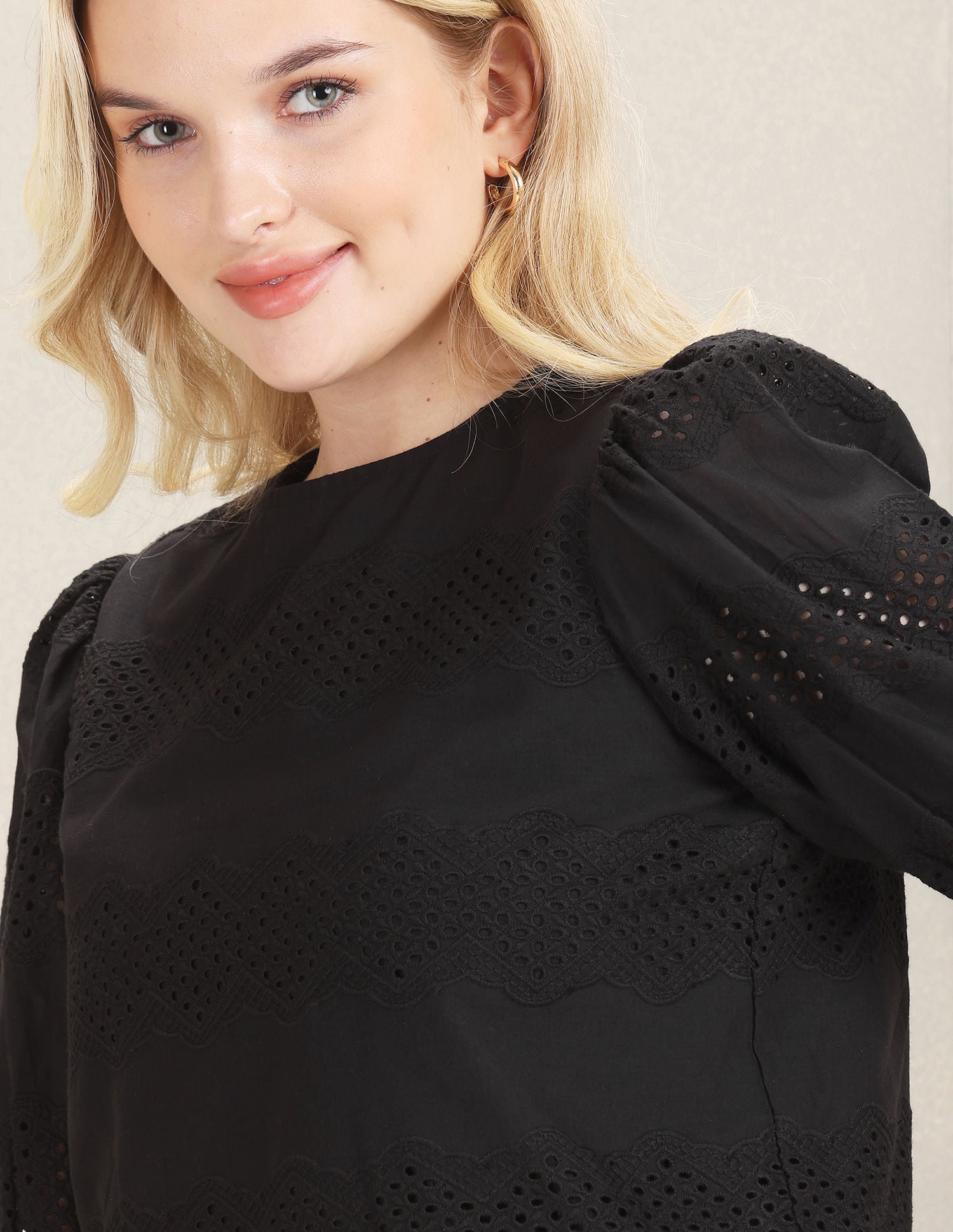 Puff Sleeve Schiffli Cotton Top Black - U.S. Polo Assn. India | Large