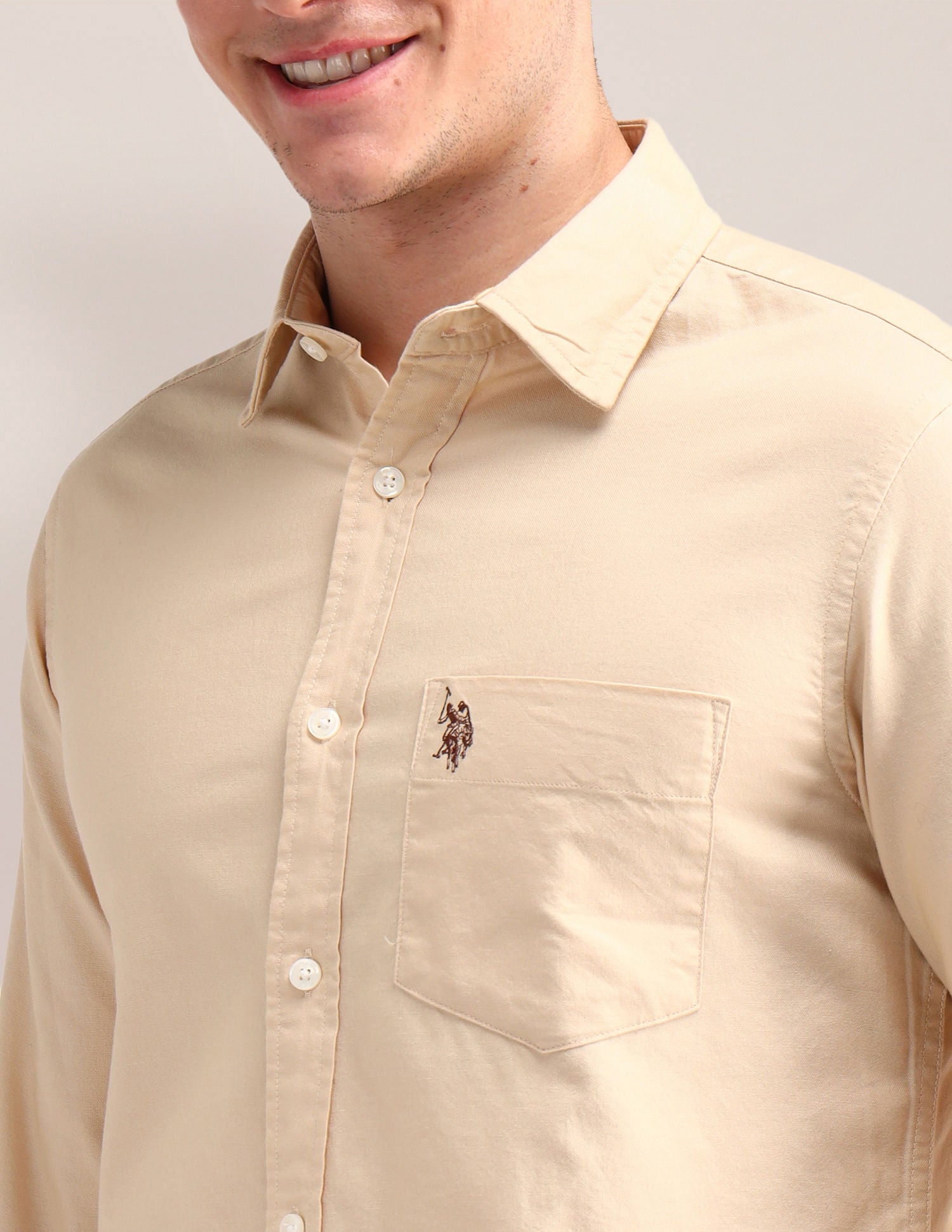 Tailored Fit Pure Cotton Shirt Light Beige - U.S. Polo Assn. India | Large
